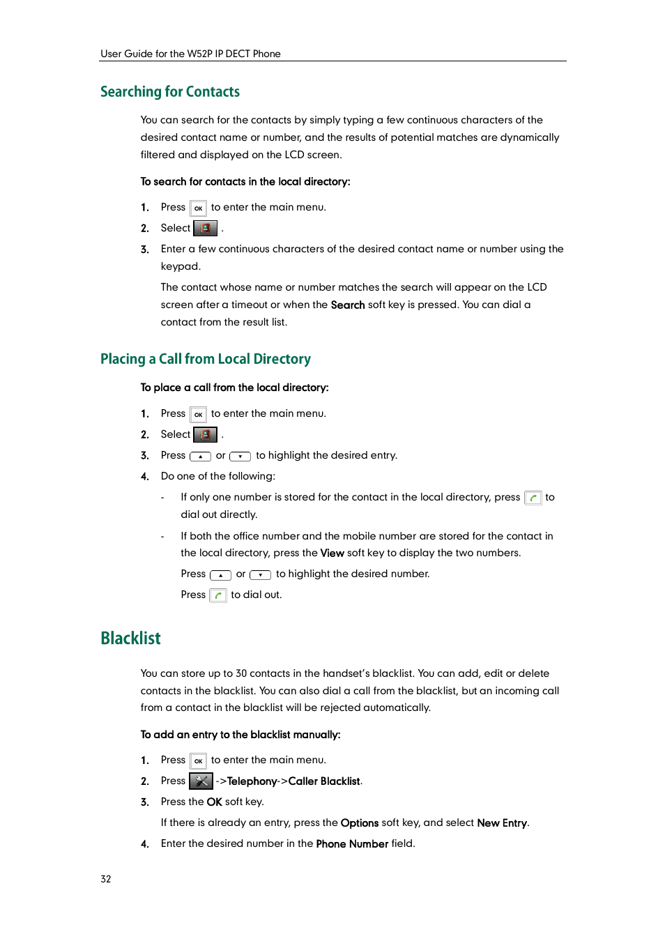 Searching for contacts, Placing a call from local directory, Blacklist | Yealink W52P User Manual | Page 44 / 84