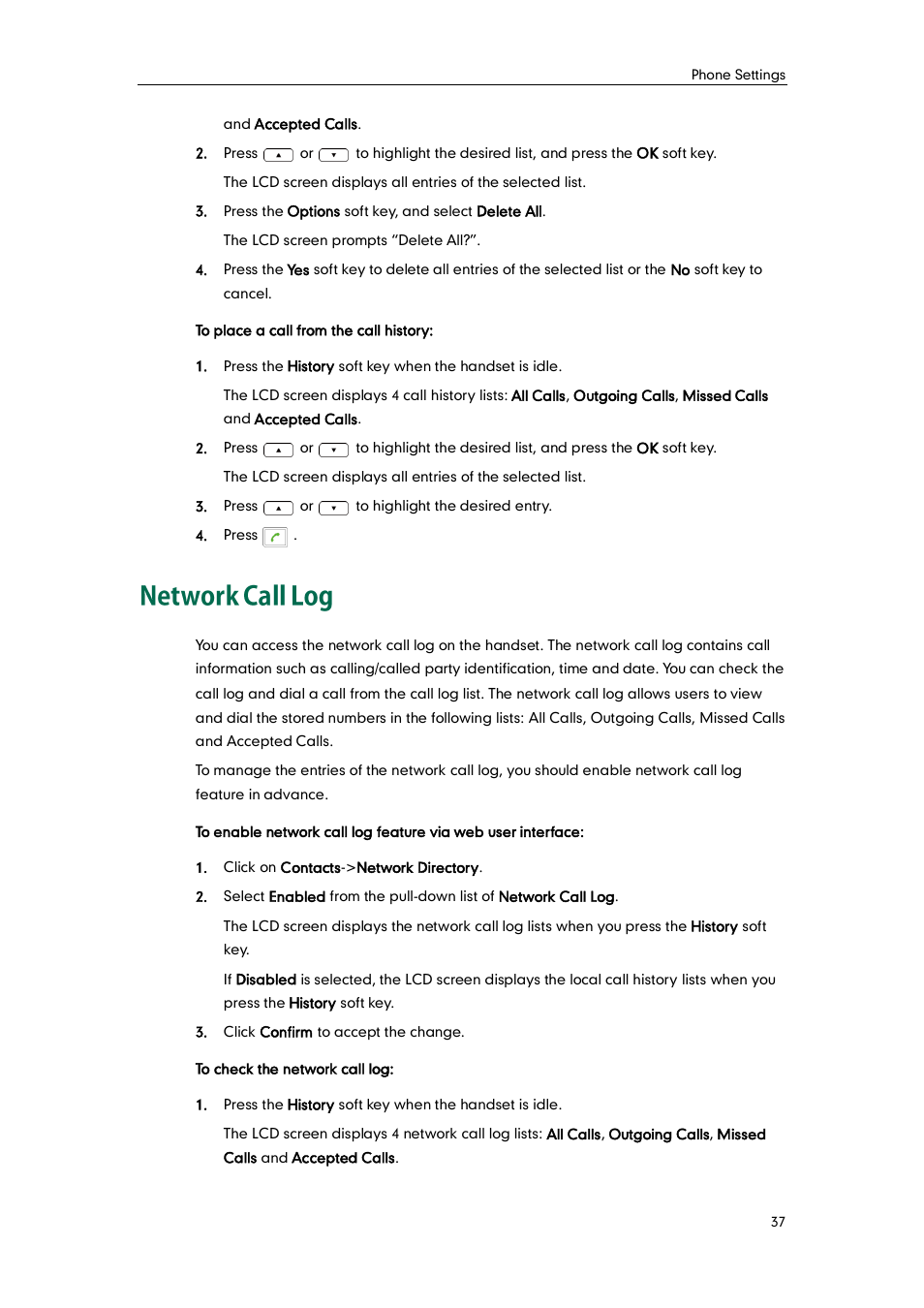 Network call log, Network call | Yealink W52P User Manual | Page 49 / 84