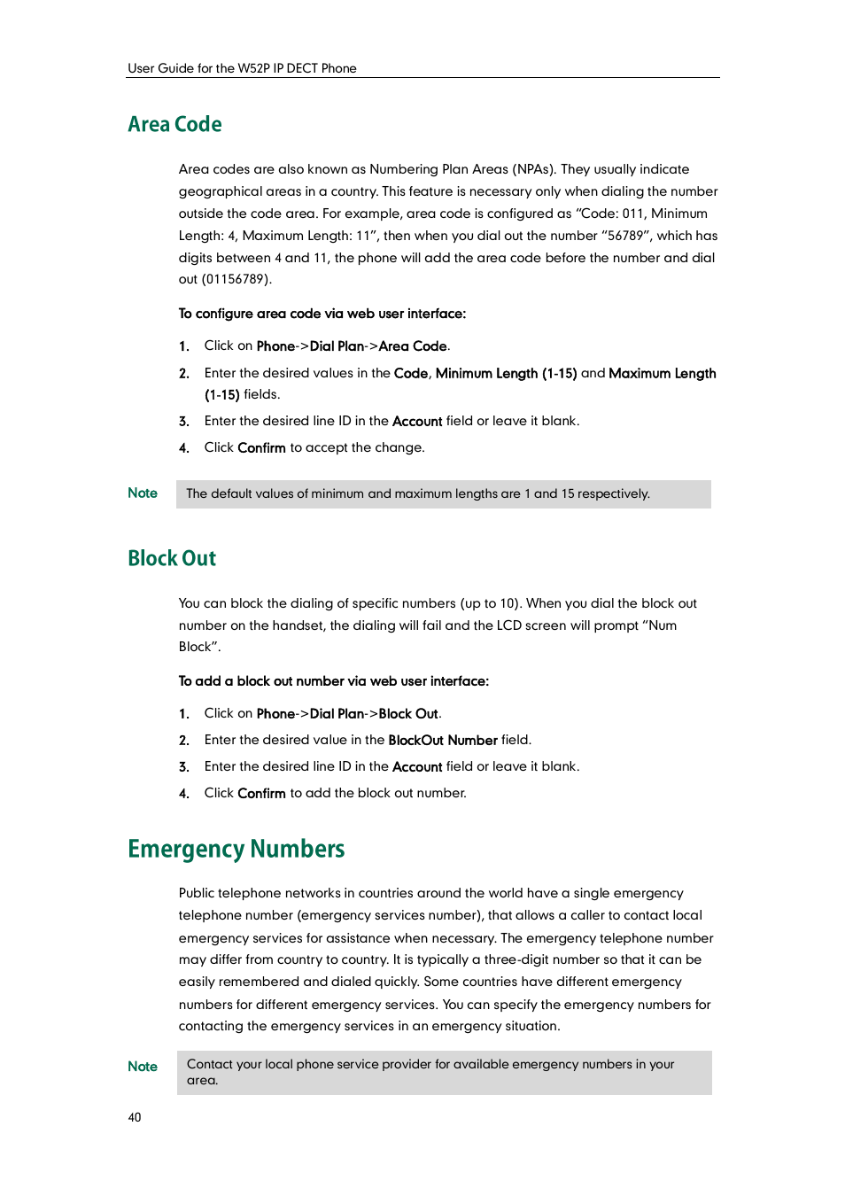 Area code, Block out, Emergency numbers | Area code block out | Yealink W52P User Manual | Page 52 / 84