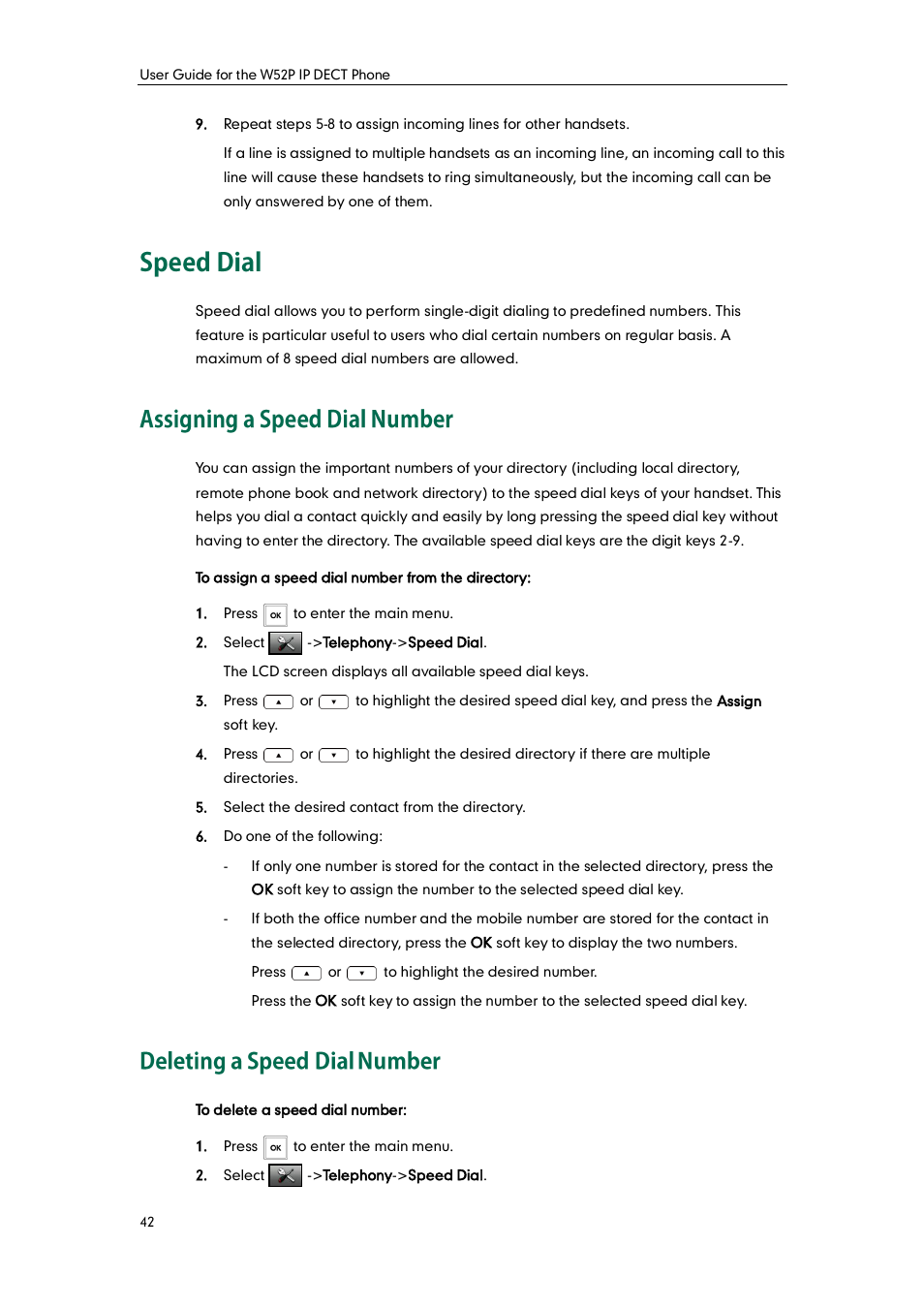 Speed dial, Assigning a speed dial number, Deleting a speed dial number | Yealink W52P User Manual | Page 54 / 84