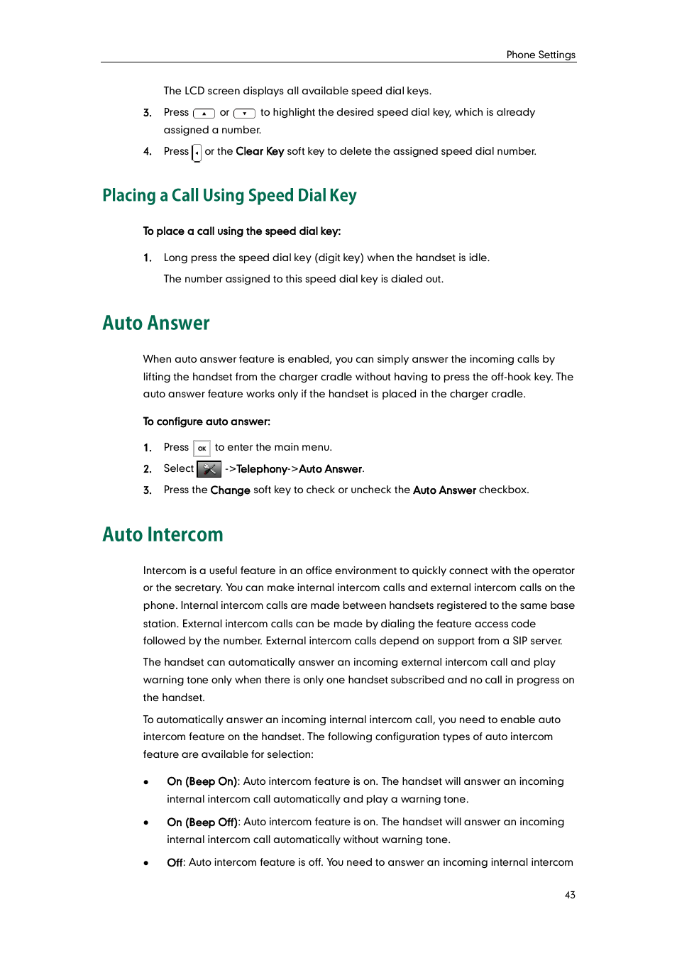 Placing a call using speed dial key, Auto answer, Auto intercom | Auto answer auto intercom | Yealink W52P User Manual | Page 55 / 84