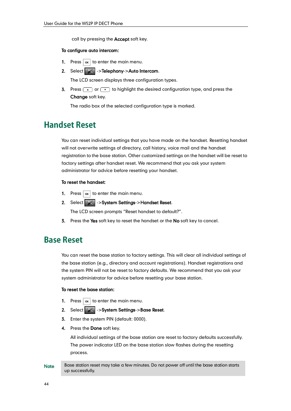 Handset reset, Base reset, Handset reset base reset | Yealink W52P User Manual | Page 56 / 84