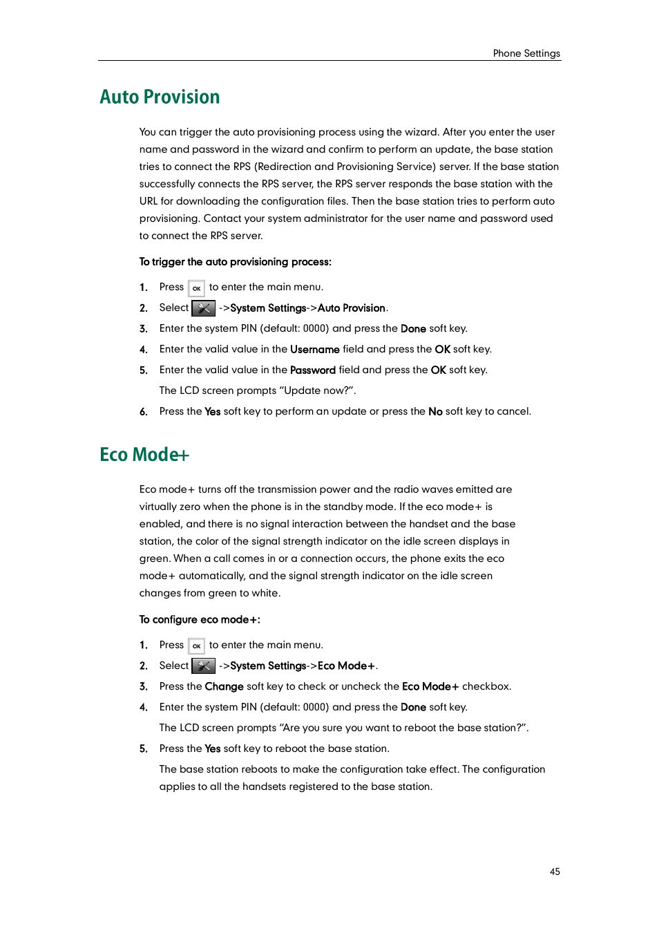 Auto provision, Eco mode, Auto provision eco mode | Yealink W52P User Manual | Page 57 / 84