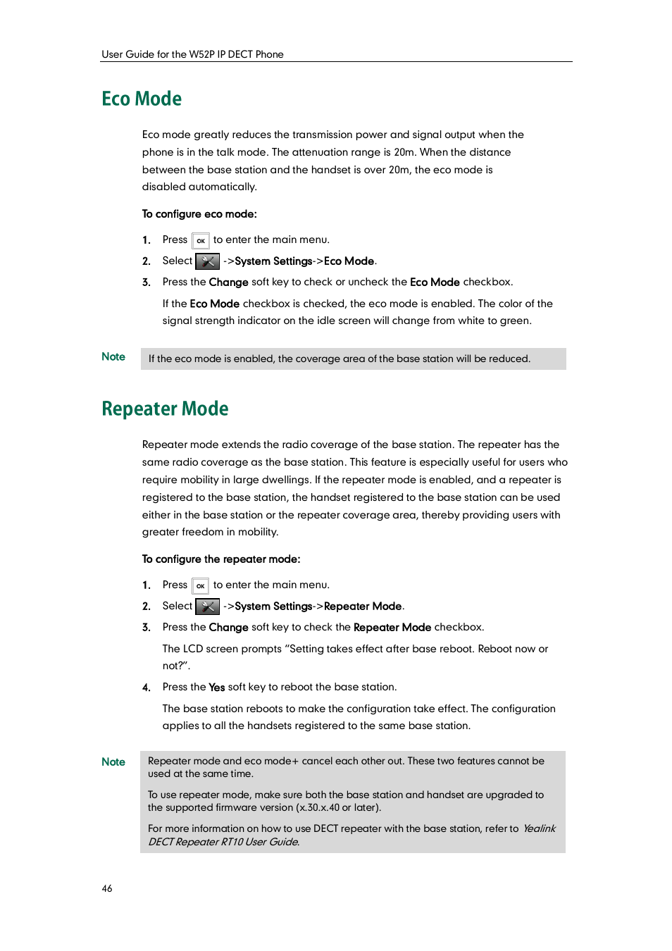 Eco mode, Repeater mode, Eco mode repeater mode | Yealink W52P User Manual | Page 58 / 84