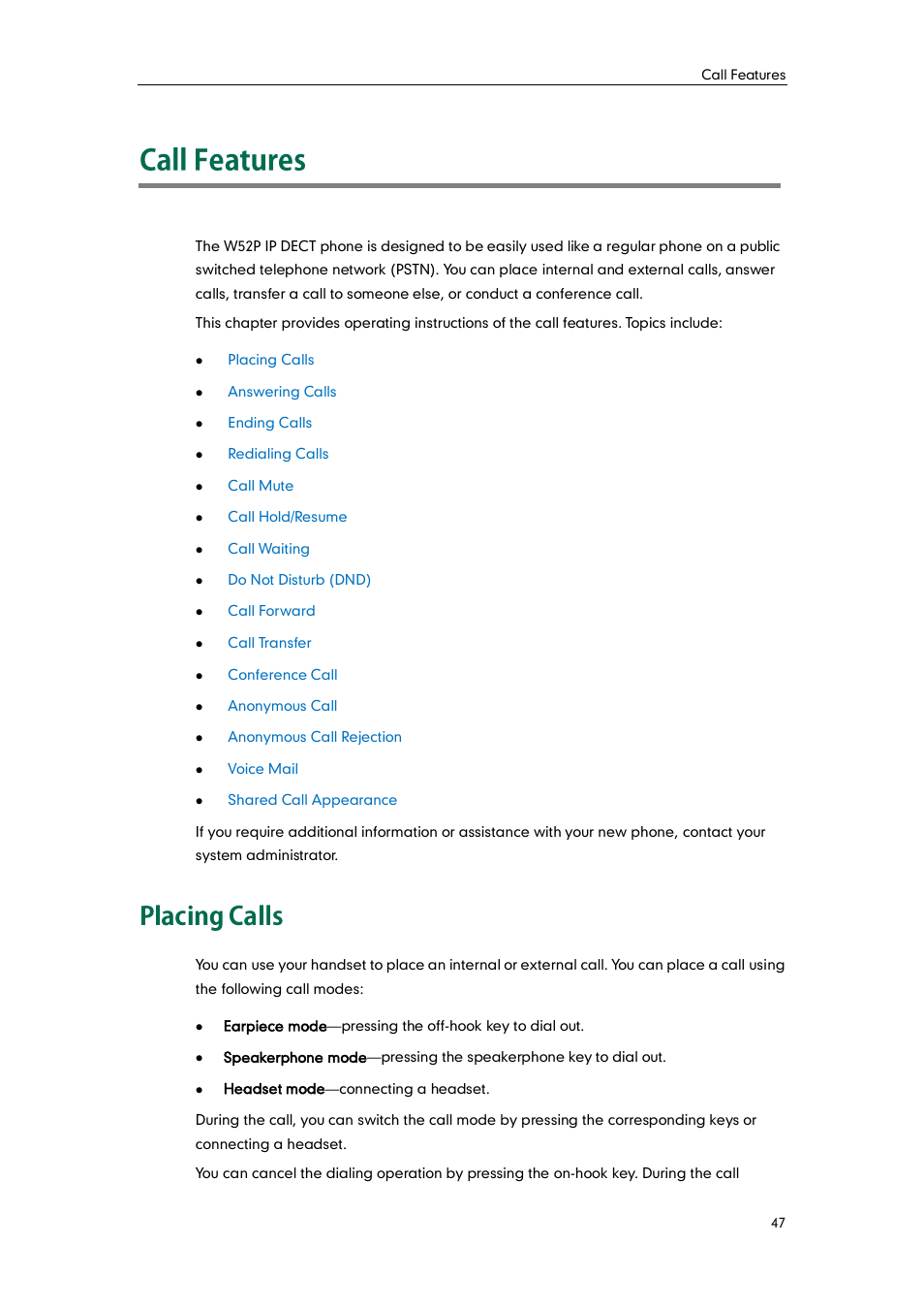 Call features, Placing calls | Yealink W52P User Manual | Page 59 / 84