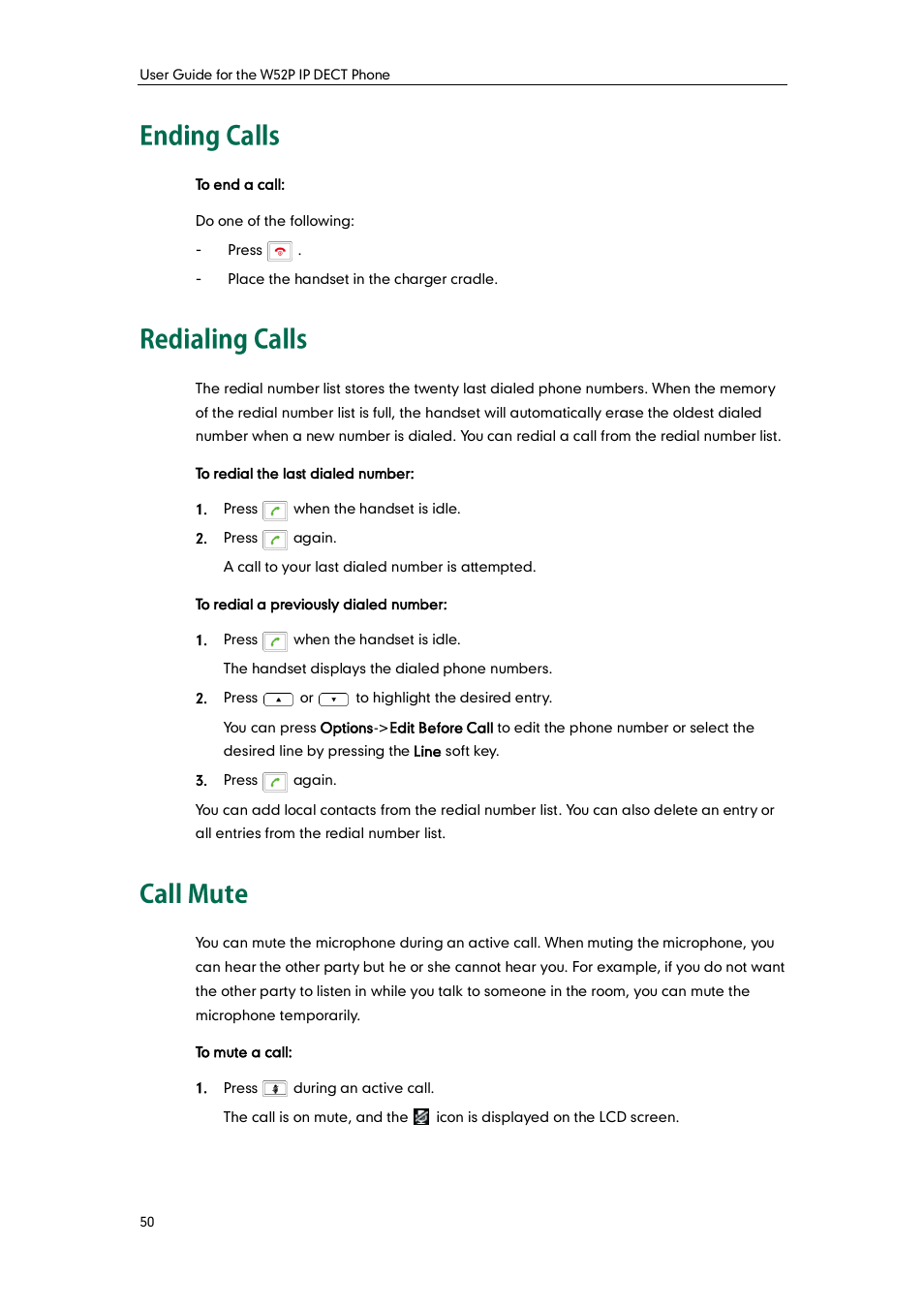 Ending calls, Redialing calls, Call mute | Ending calls redialing calls call mute | Yealink W52P User Manual | Page 62 / 84