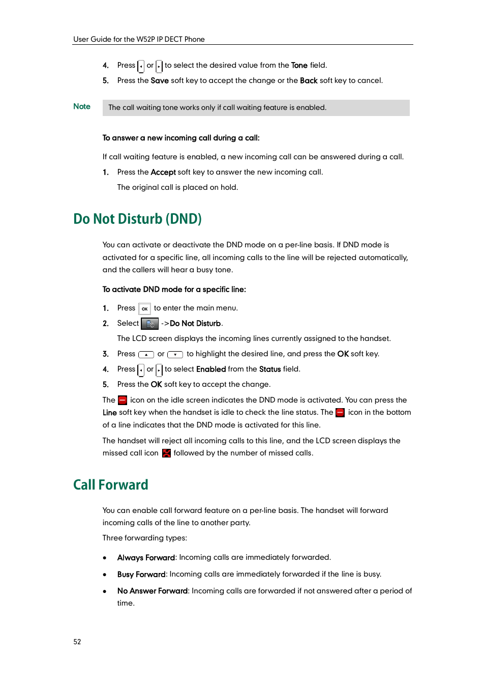 Do not disturb (dnd), Call forward, Do not disturb (dnd) call forward | Yealink W52P User Manual | Page 64 / 84