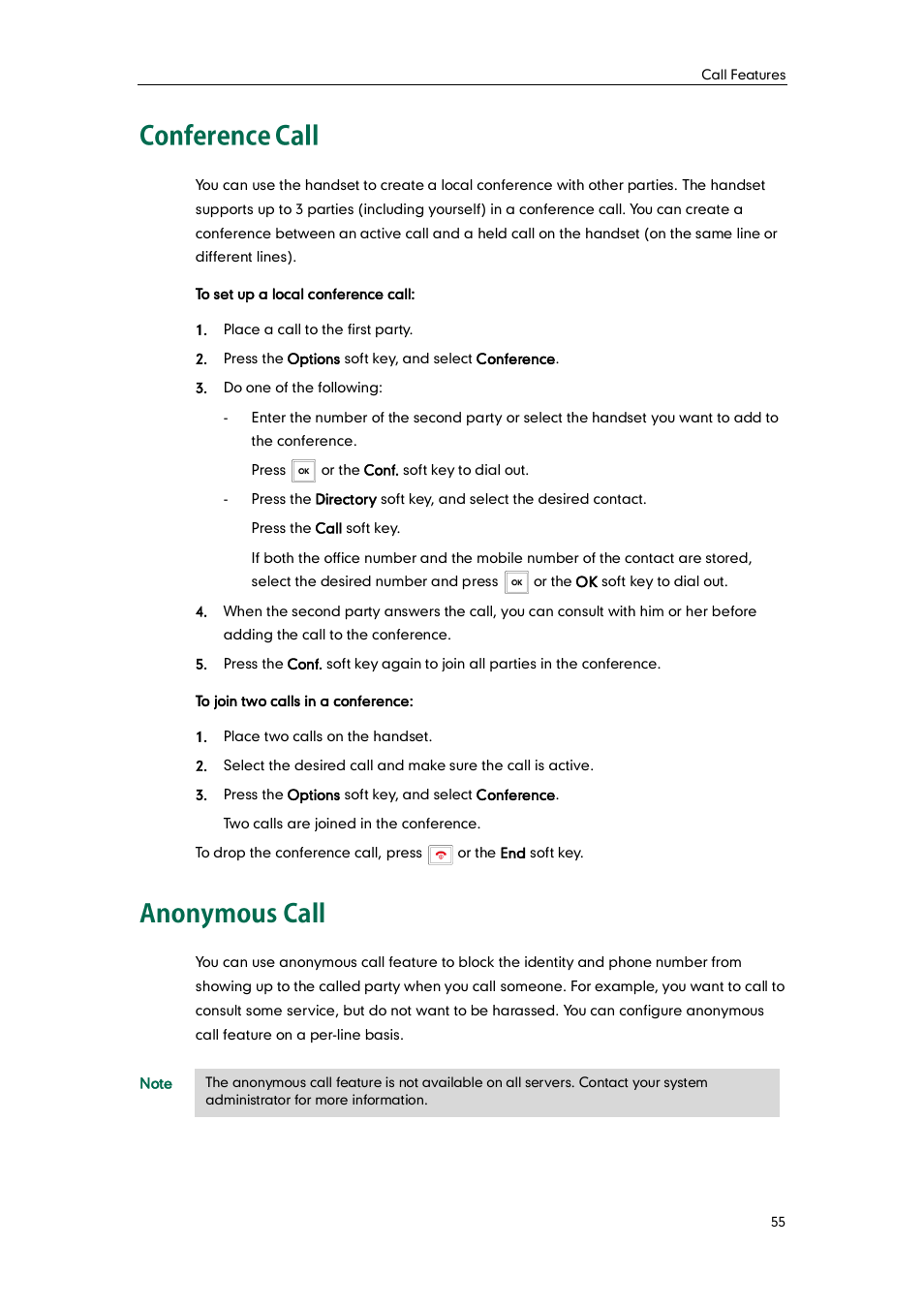 Conference call, Anonymous call, Conference call anonymous call | Yealink W52P User Manual | Page 67 / 84