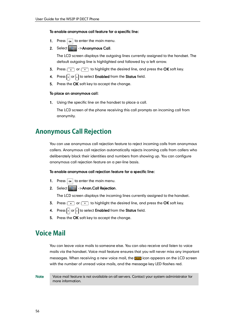 Anonymous call rejection, Voice mail, Anonymous call rejection voice mail | Yealink W52P User Manual | Page 68 / 84