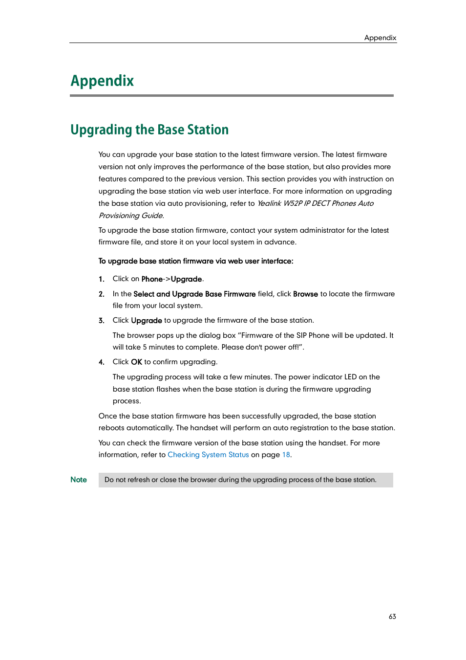 Appendix, Upgrading the base station | Yealink W52P User Manual | Page 75 / 84