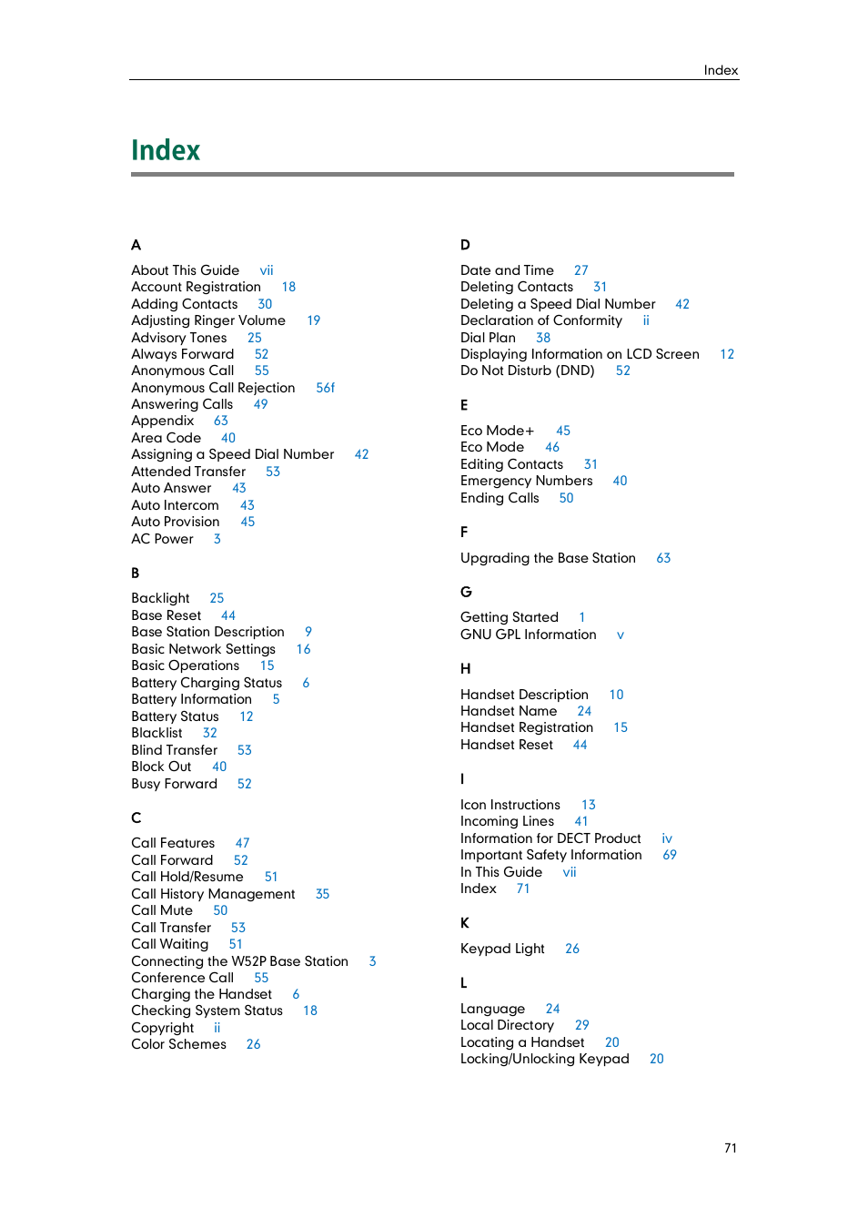 Index | Yealink W52P User Manual | Page 83 / 84