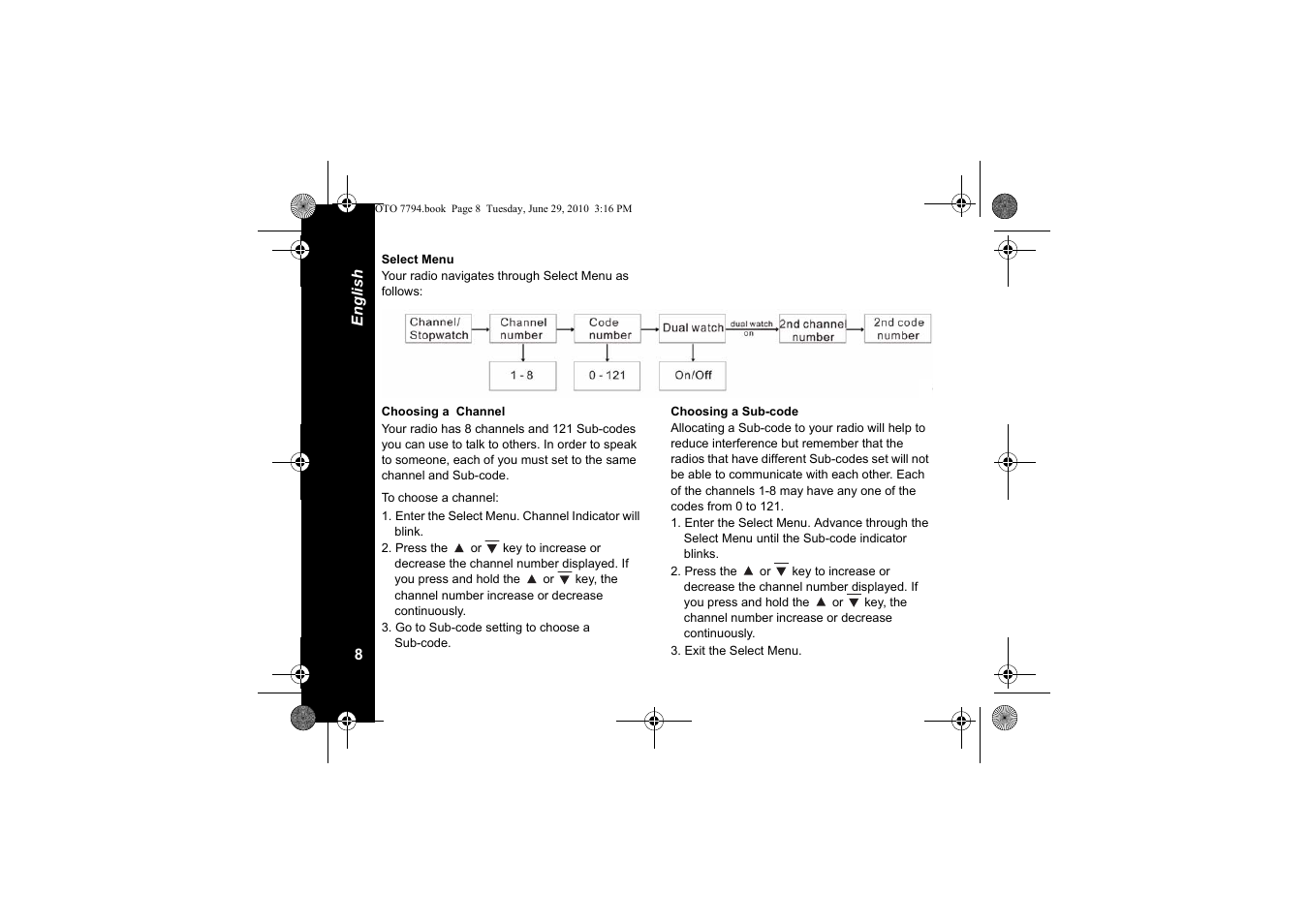 Select menu, Choosing a channel, Choosing a sub-code | Motorola walkie talkie User Manual | Page 10 / 256