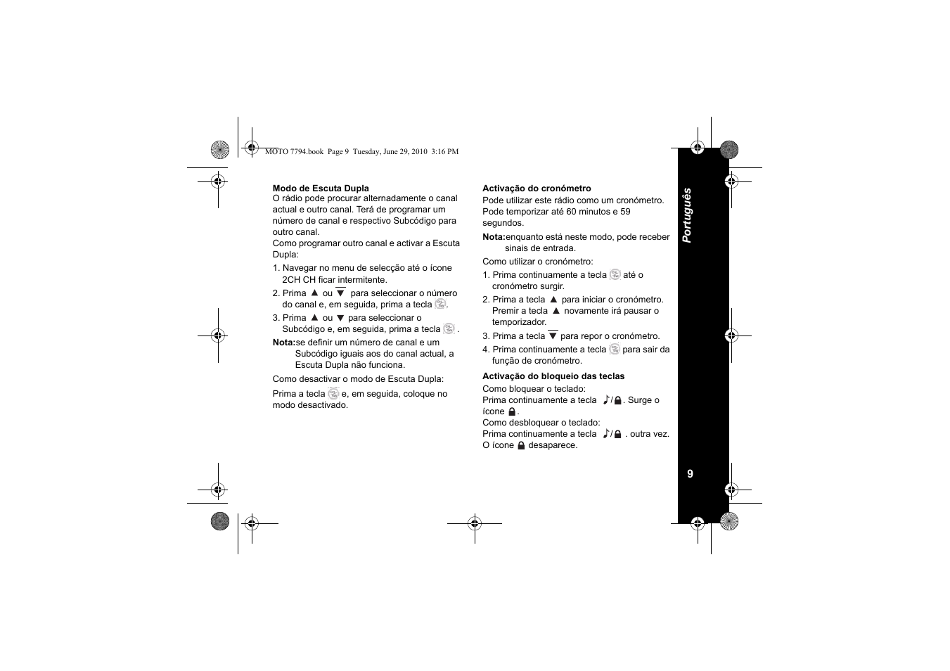 Modo de escuta dupla, Activação do cronómetro, Activação do bloqueio das teclas | Motorola walkie talkie User Manual | Page 101 / 256