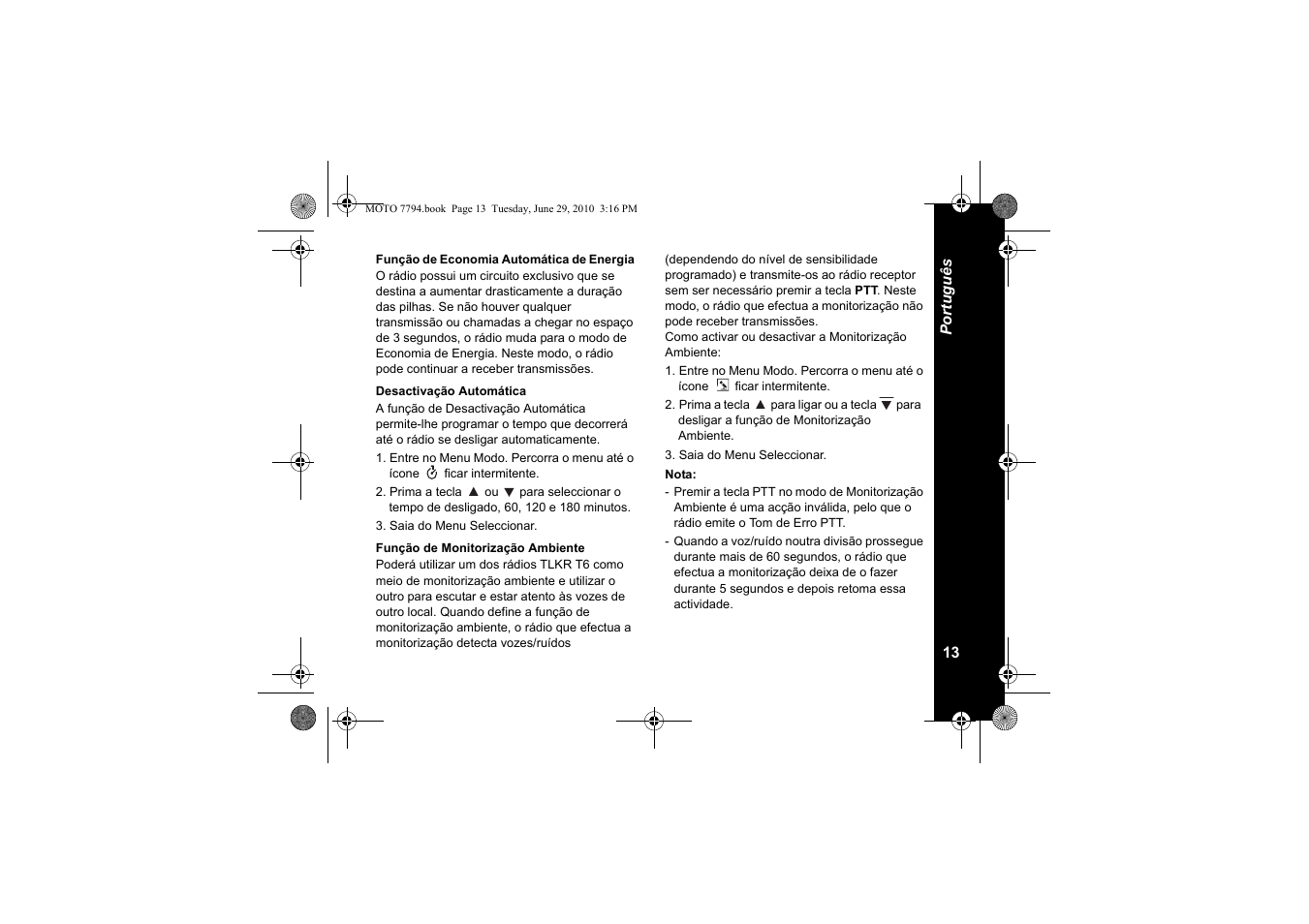 Função de economia automática de energia, Desactivação automática, Função de monitorização ambiente | Motorola walkie talkie User Manual | Page 105 / 256