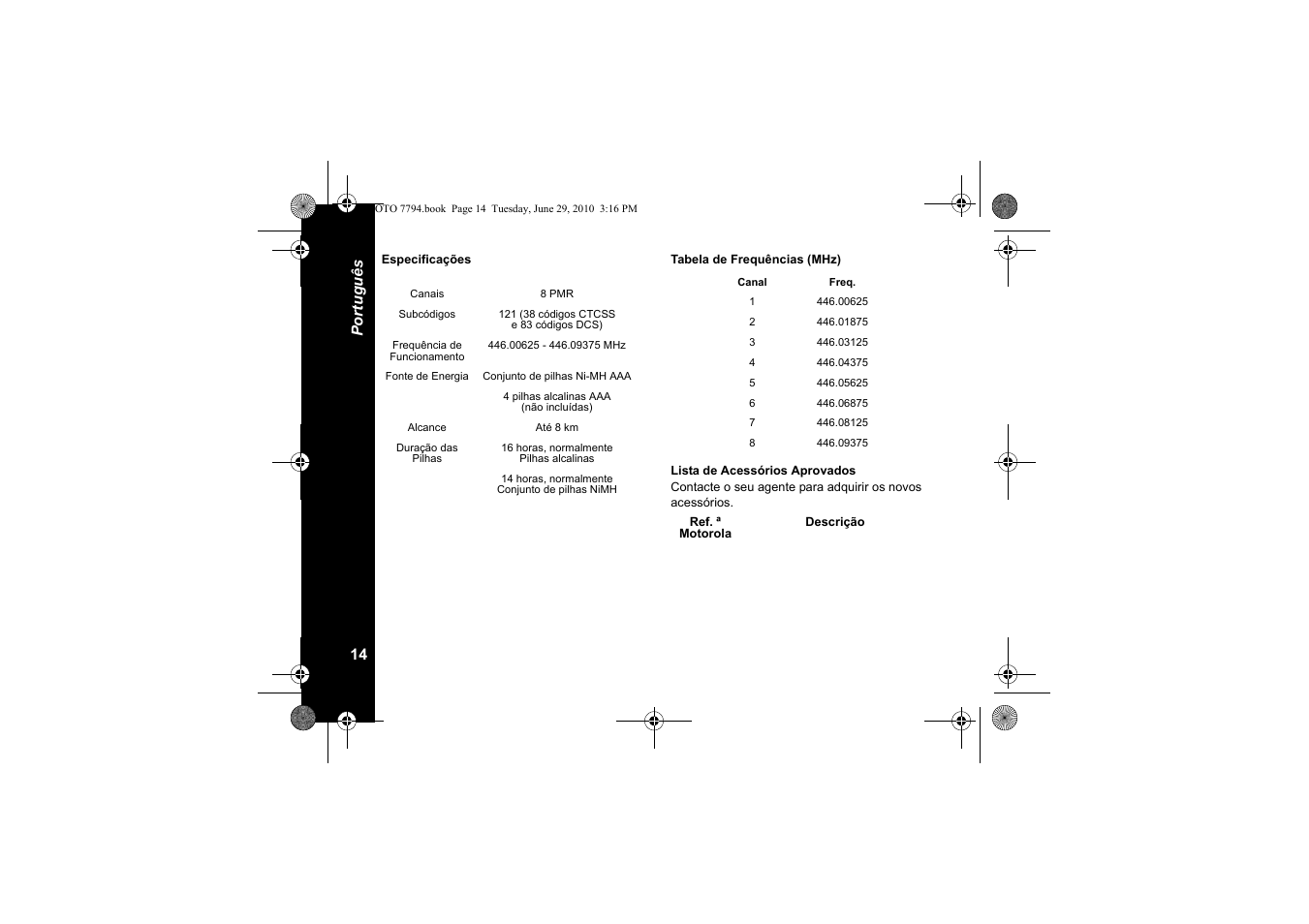 Especificações, Tabela de frequências (mhz) | Motorola walkie talkie User Manual | Page 106 / 256