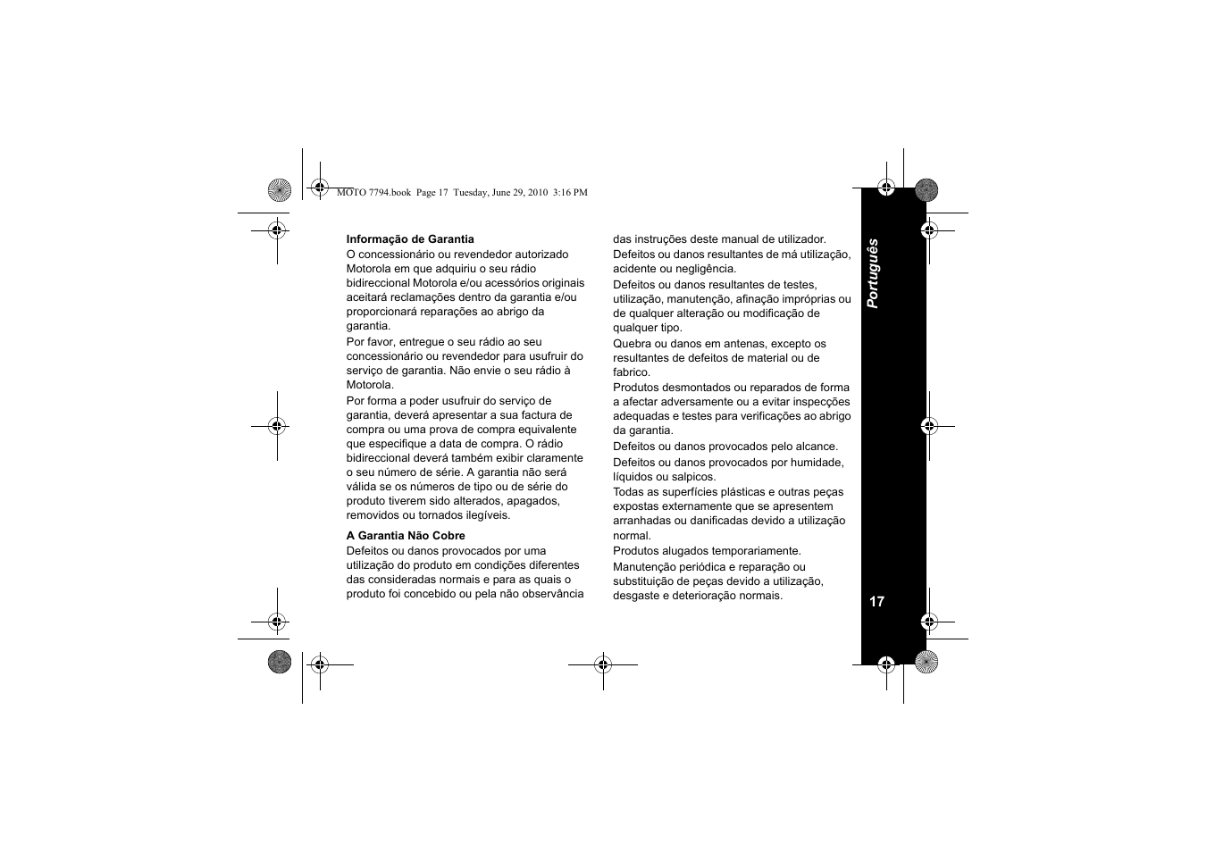 Informação de garantia, A garantia não cobre | Motorola walkie talkie User Manual | Page 109 / 256