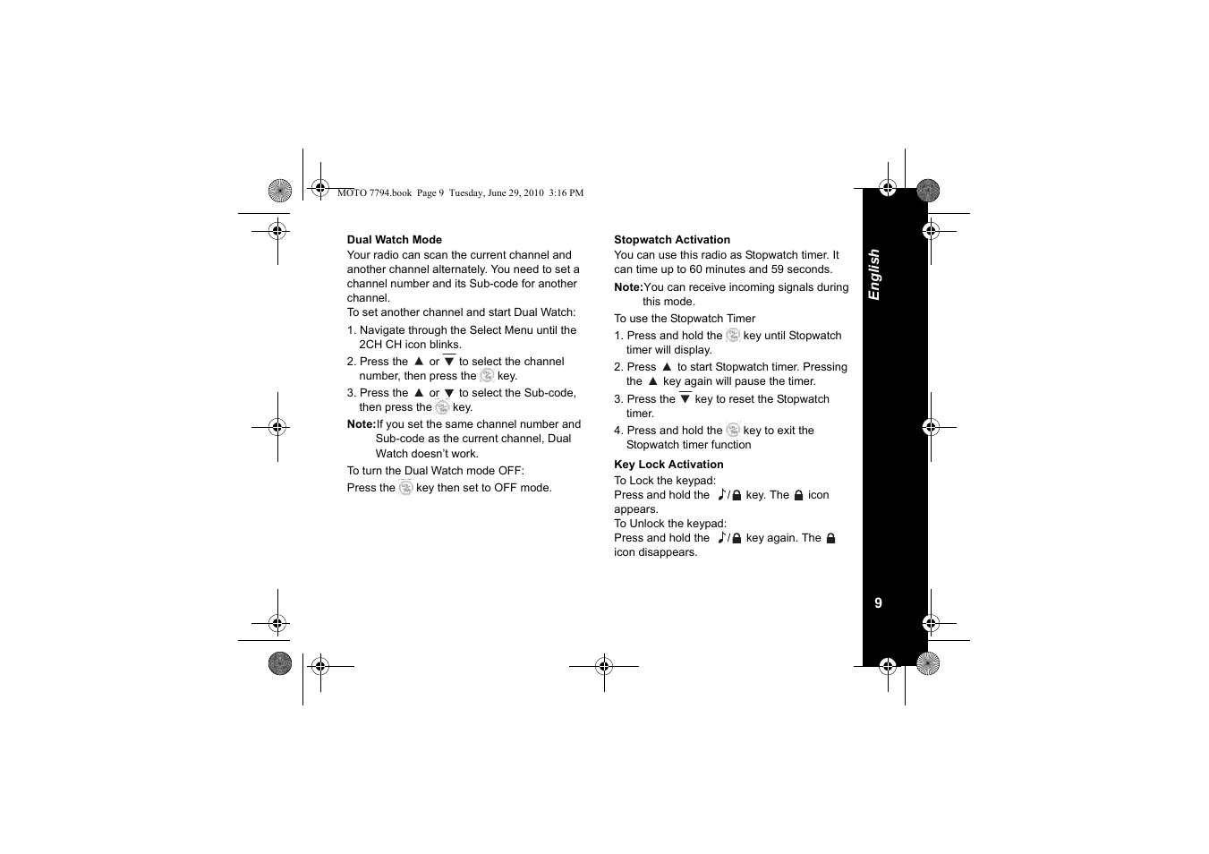 Dual watch mode, Stopwatch activation, Key lock activation | Motorola walkie talkie User Manual | Page 11 / 256