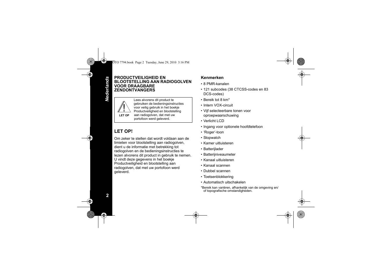 Kenmerken | Motorola walkie talkie User Manual | Page 112 / 256