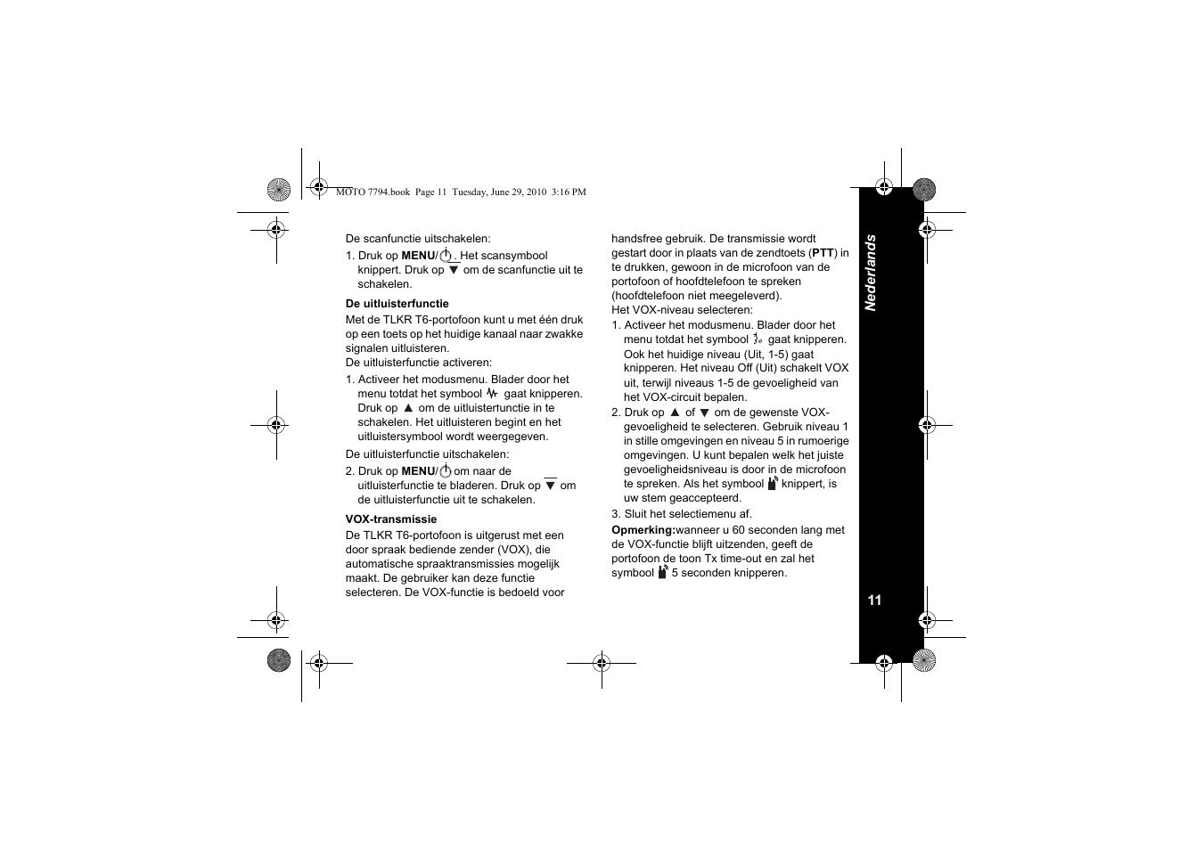 De uitluisterfunctie, Vox-transmissie | Motorola walkie talkie User Manual | Page 121 / 256