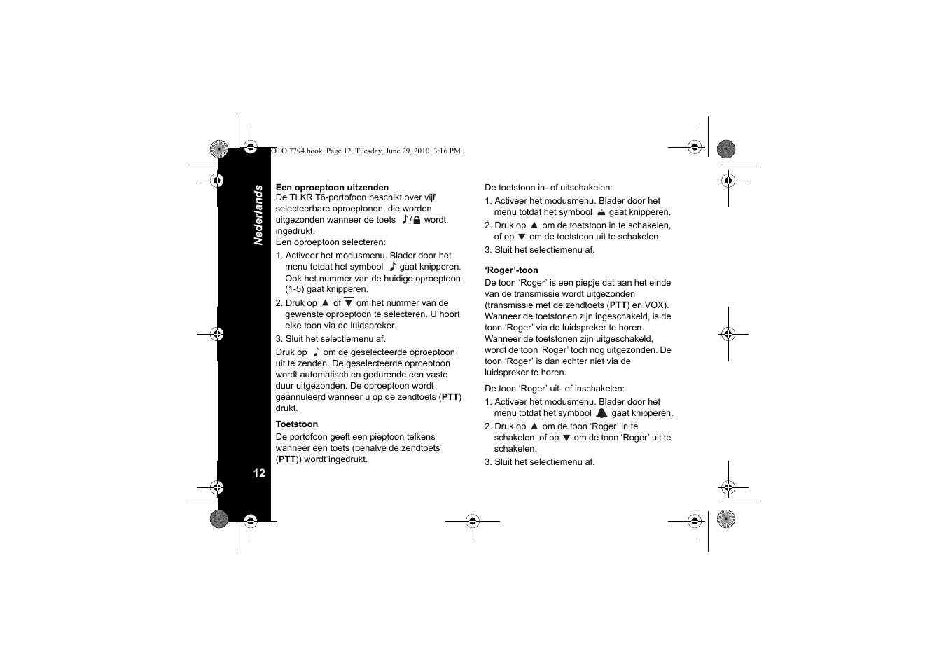 Een oproeptoon uitzenden, Toetstoon, Roger’-toon | Motorola walkie talkie User Manual | Page 122 / 256