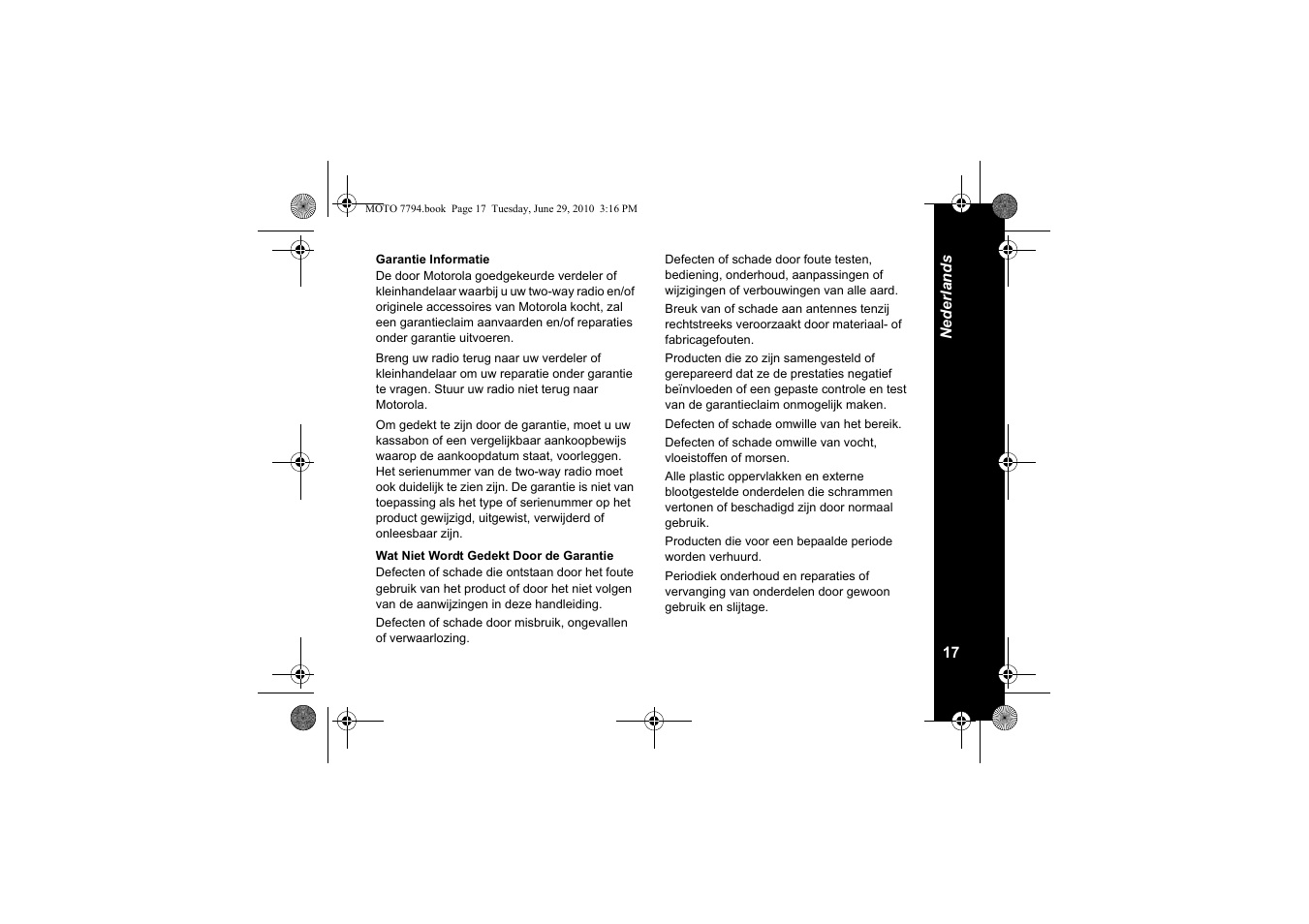 Garantie informatie, Wat niet wordt gedekt door de garantie | Motorola walkie talkie User Manual | Page 127 / 256