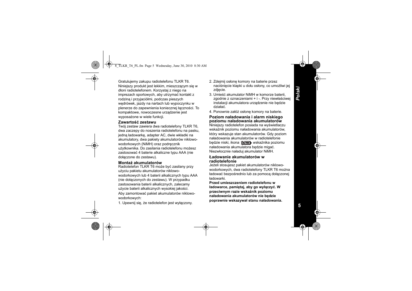 Zawartość zestawu, Montaż akumulatorów, Ładowanie akumulatorów w radiotelefonie | Motorola walkie talkie User Manual | Page 133 / 256