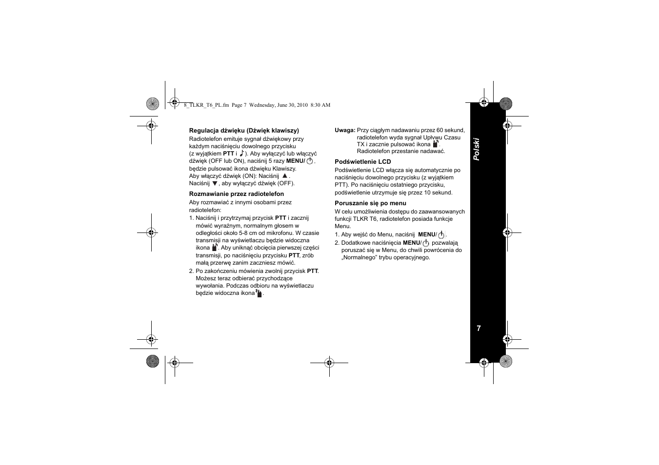 Regulacja dźwięku (dźwięk klawiszy), Rozmawianie przez radiotelefon, Podświetlenie lcd | Poruszanie się po menu | Motorola walkie talkie User Manual | Page 135 / 256