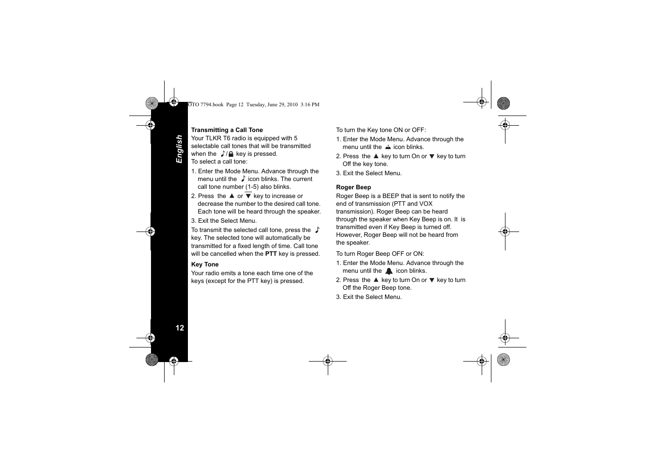 Transmitting a call tone, Key tone, Roger beep | Motorola walkie talkie User Manual | Page 14 / 256