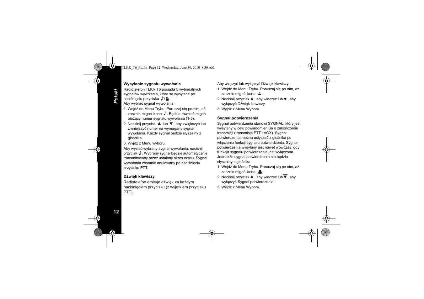 Wysyłanie sygnału wywołania, Dźwięk klawiszy, Sygnał potwierdzenia | Motorola walkie talkie User Manual | Page 140 / 256