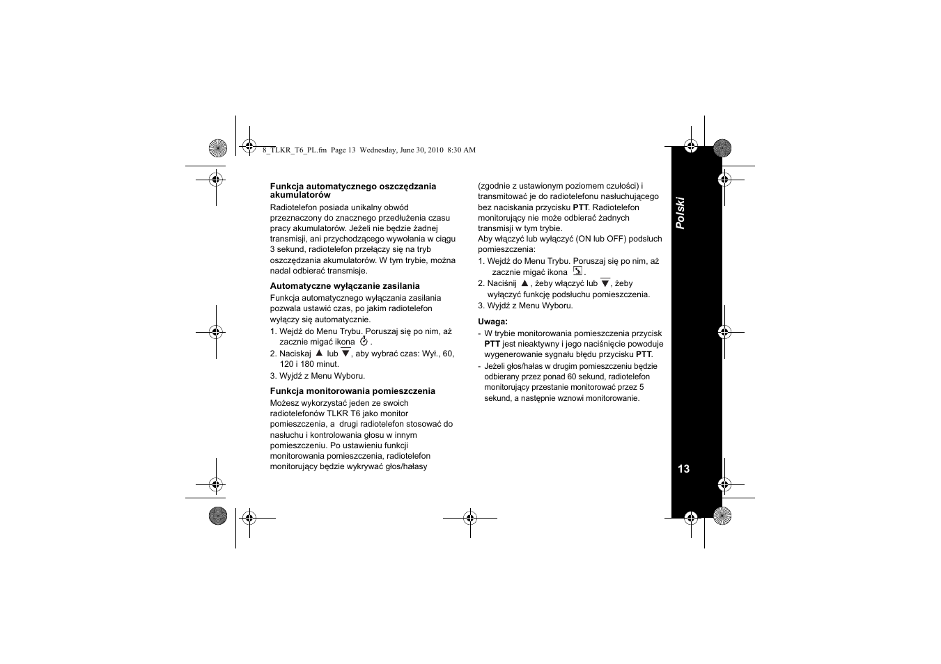 Funkcja automatycznego oszczędzania akumulatorów, Automatyczne wyłączanie zasilania, Funkcja monitorowania pomieszczenia | Motorola walkie talkie User Manual | Page 141 / 256