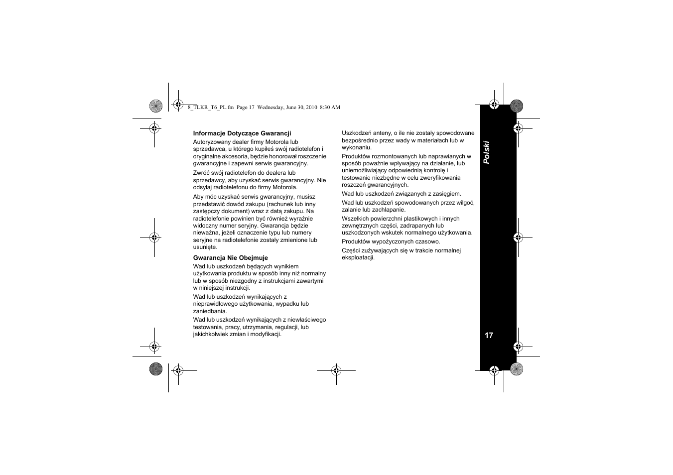 Informacje dotyczące gwarancji, Gwarancja nie obejmuje | Motorola walkie talkie User Manual | Page 145 / 256