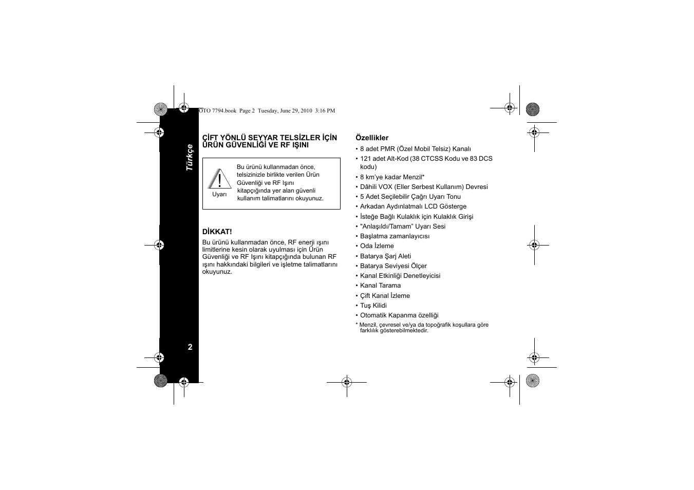 Özellikler | Motorola walkie talkie User Manual | Page 148 / 256