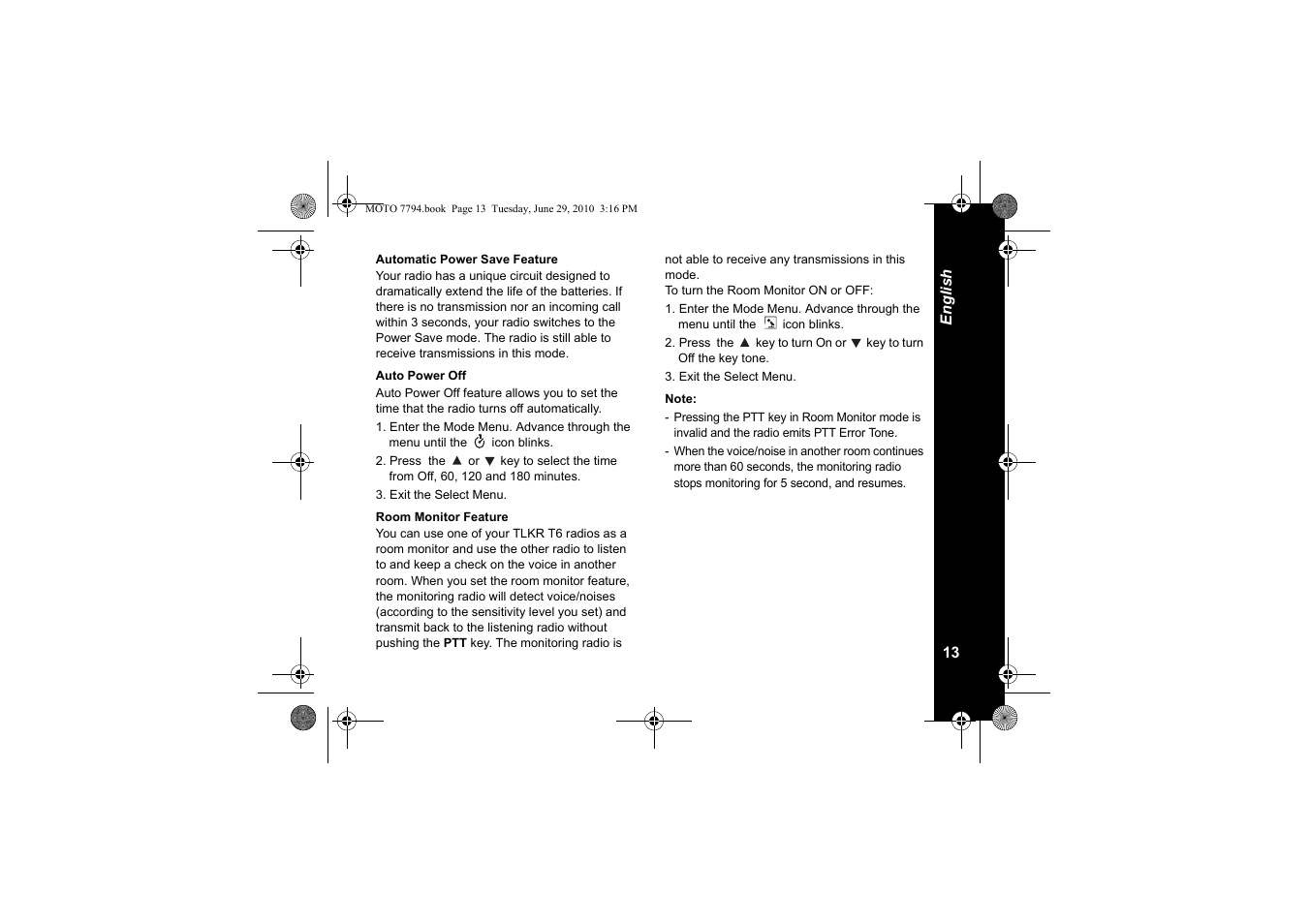 Automatic power save feature, Auto power off, Room monitor feature | Motorola walkie talkie User Manual | Page 15 / 256