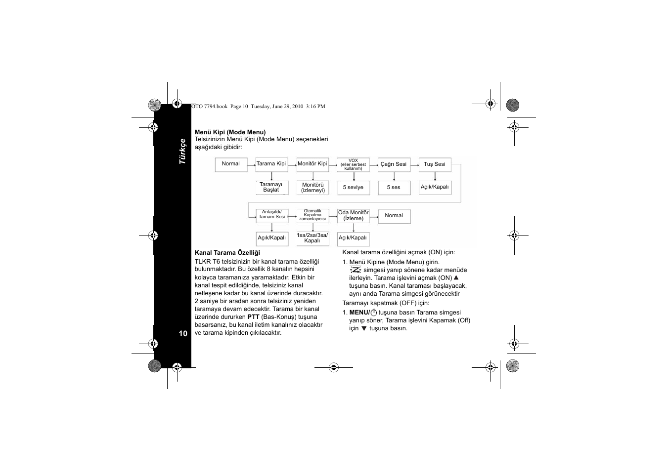 Menü kipi (mode menu), Kanal tarama özelliği | Motorola walkie talkie User Manual | Page 156 / 256