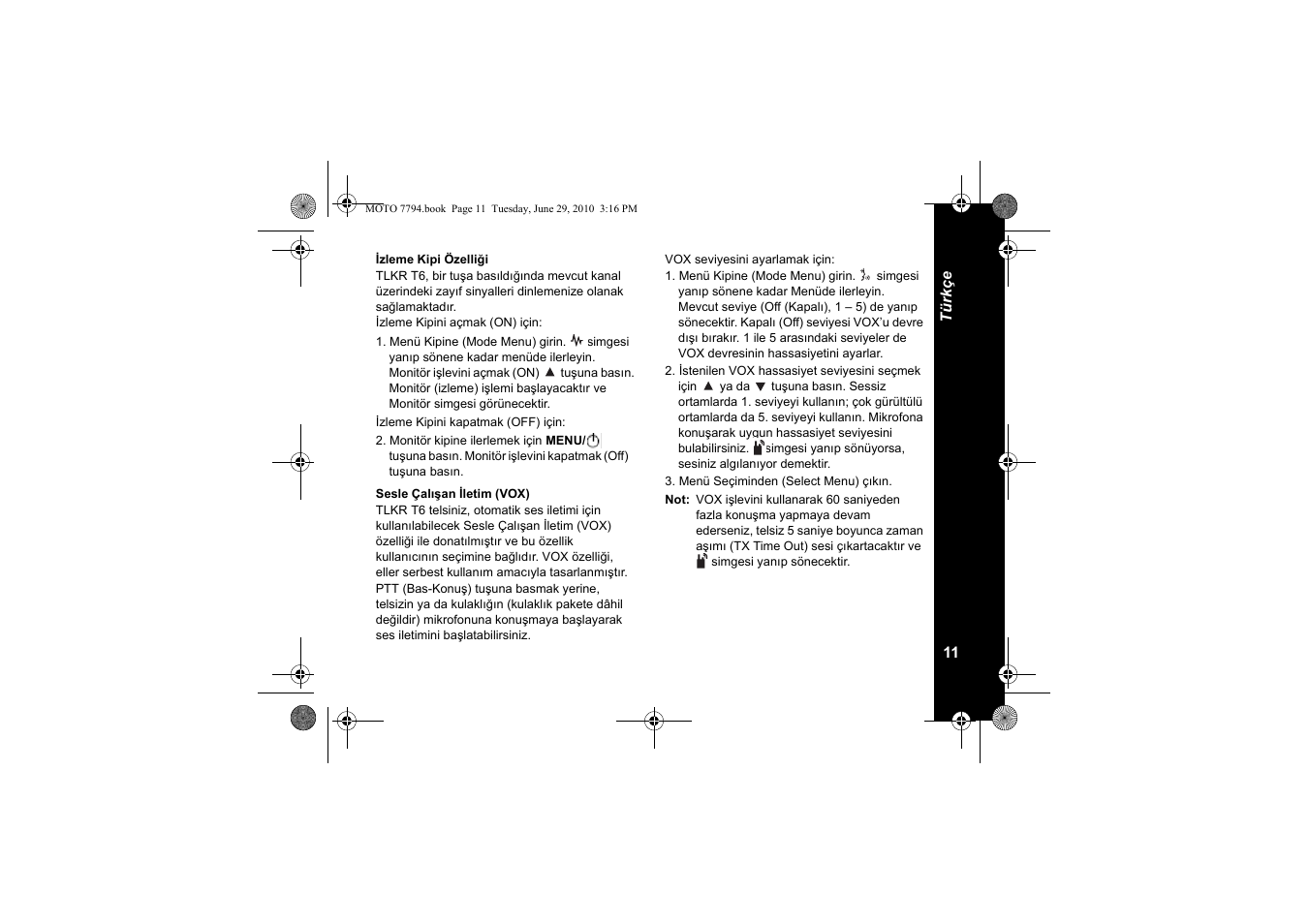 Izleme kipi özelliği, Sesle çalışan iletim (vox) | Motorola walkie talkie User Manual | Page 157 / 256