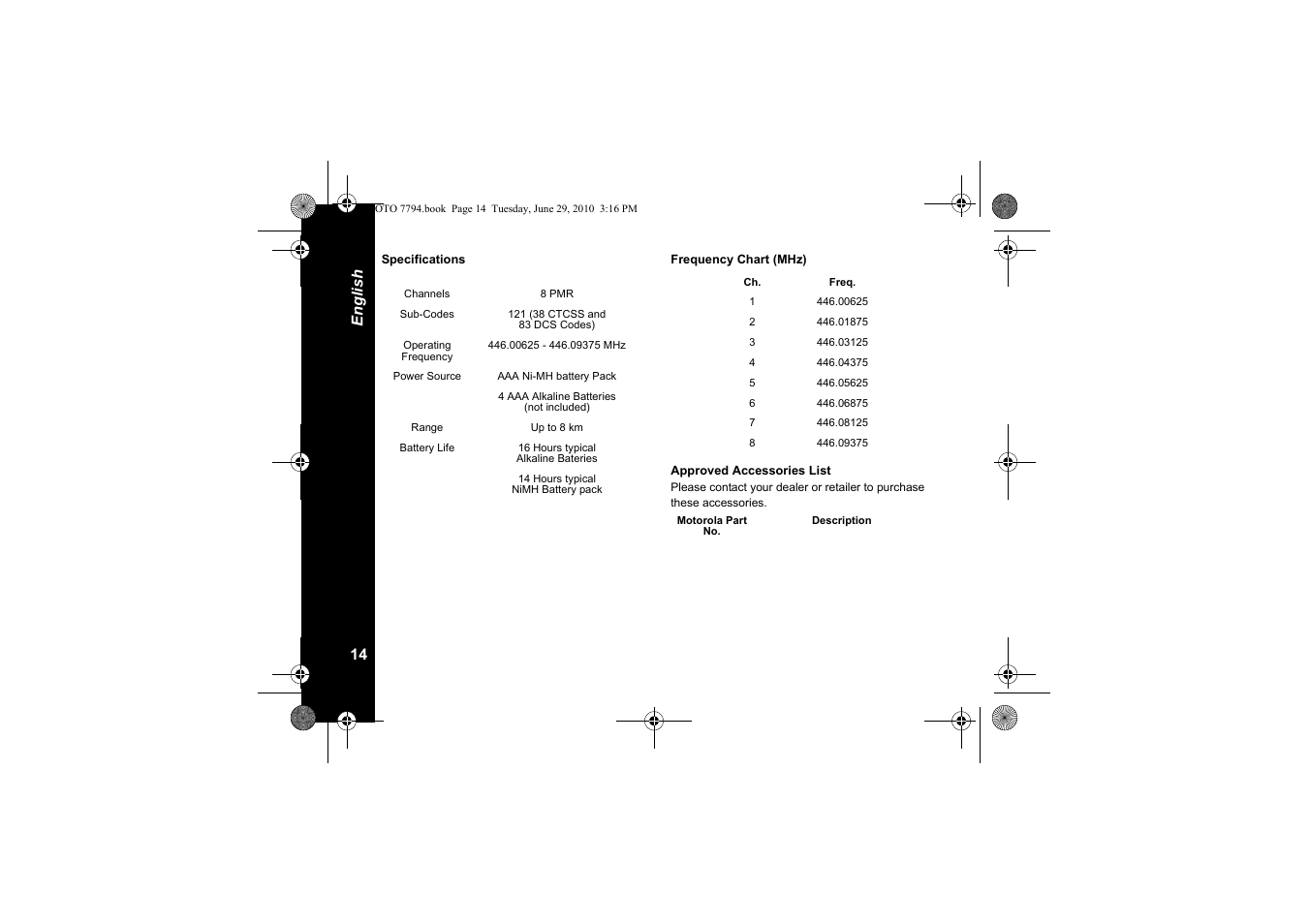 Specifications, Frequency chart (mhz), En gl is h 14 | Motorola walkie talkie User Manual | Page 16 / 256