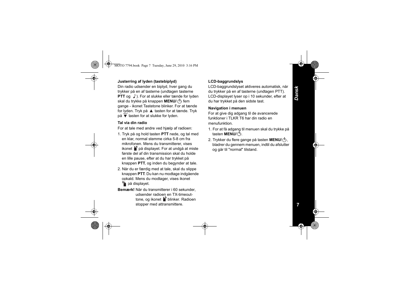 Justerring af lyden (tastebiplyd), Tal via din radio, Lcd-baggrundslys | Navigation i menuen | Motorola walkie talkie User Manual | Page 189 / 256