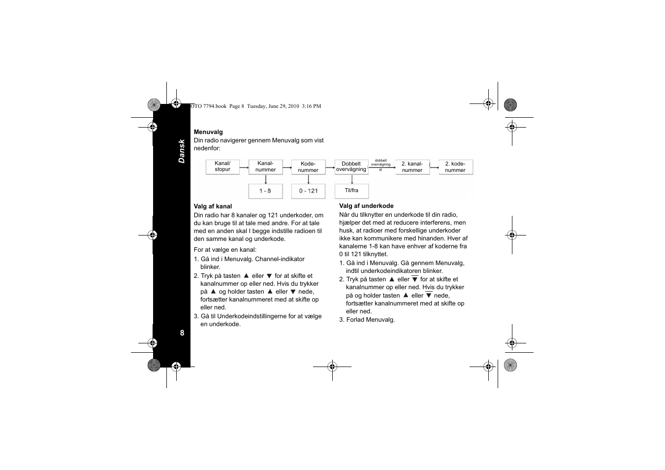 Menuvalg, Valg af kanal, Valg af underkode | Motorola walkie talkie User Manual | Page 190 / 256