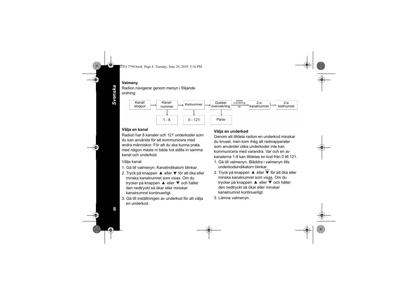 Valmeny, Välja en kanal, Välja en underkod | Motorola walkie talkie User Manual | Page 208 / 256