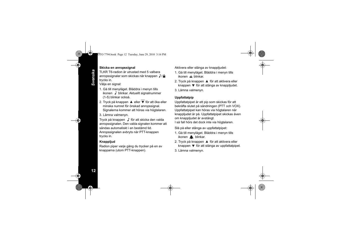 Skicka en anropssignal, Knappljud, Uppfattatpip | Motorola walkie talkie User Manual | Page 212 / 256