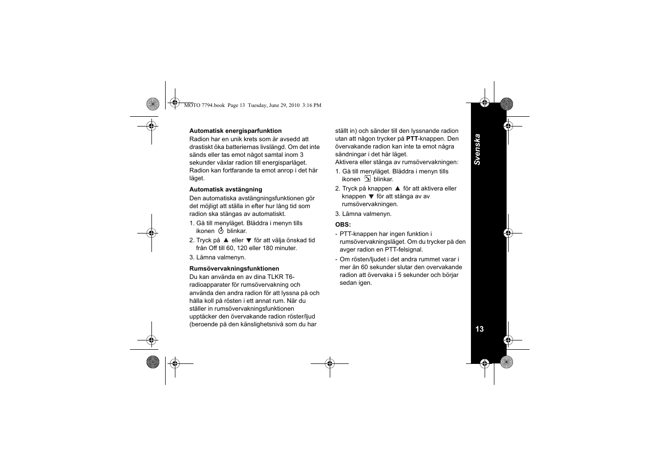 Automatisk energisparfunktion, Automatisk avstängning, Rumsövervakningsfunktionen | Motorola walkie talkie User Manual | Page 213 / 256