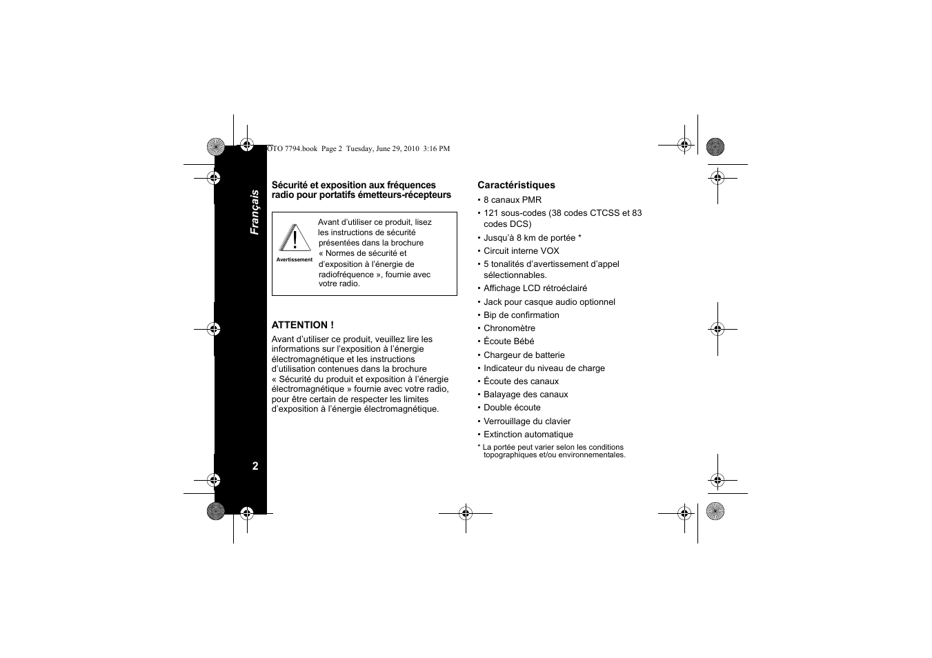 Caractéristiques | Motorola walkie talkie User Manual | Page 22 / 256