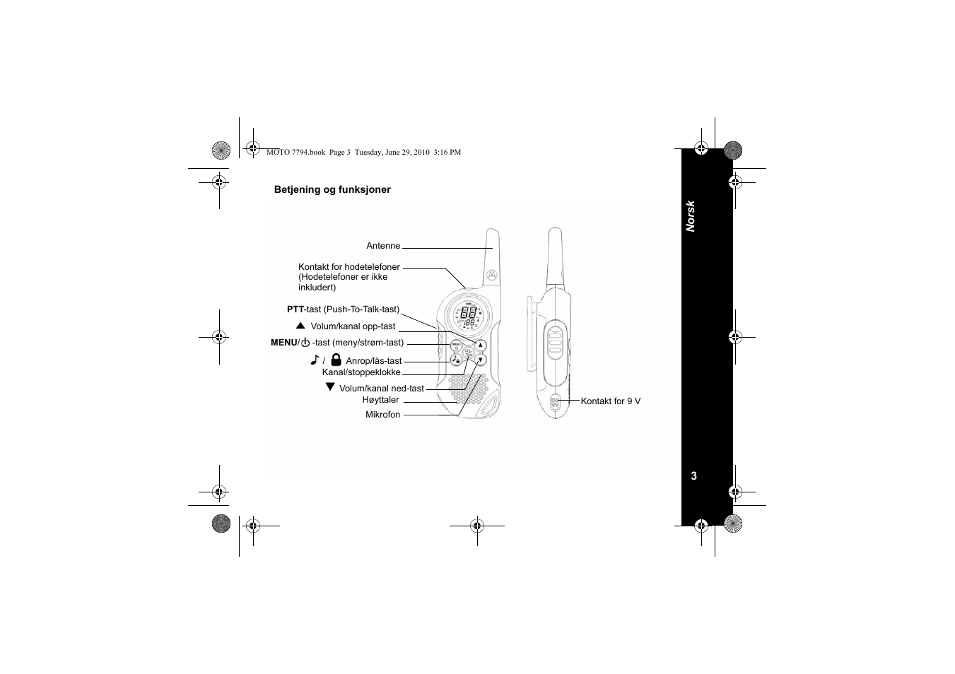 Betjening og funksjoner | Motorola walkie talkie User Manual | Page 221 / 256