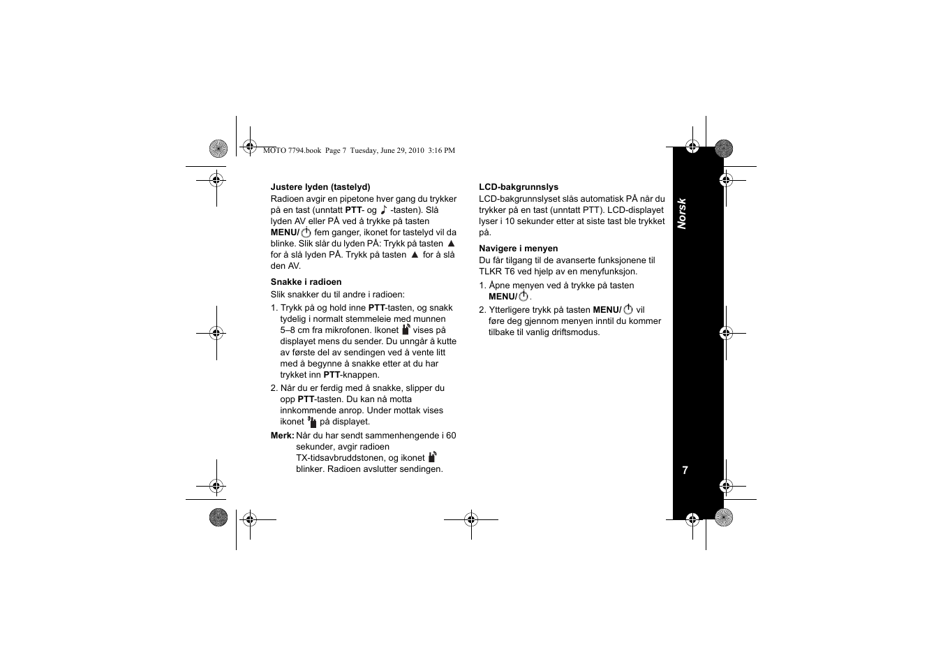 Justere lyden (tastelyd), Snakke i radioen, Lcd-bakgrunnslys | Navigere i menyen | Motorola walkie talkie User Manual | Page 225 / 256