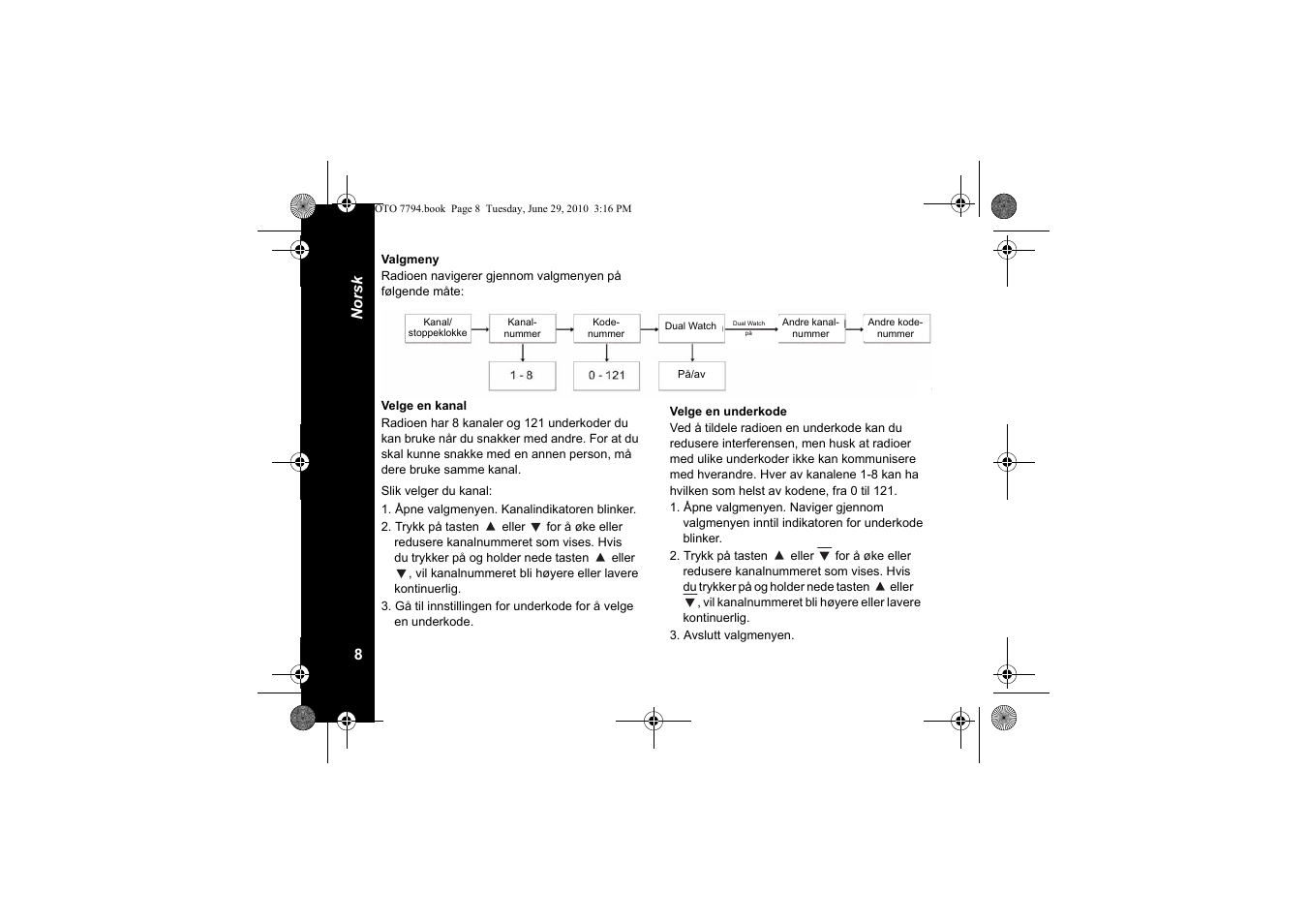 Valgmeny, Velge en kanal, Velge en underkode | Motorola walkie talkie User Manual | Page 226 / 256