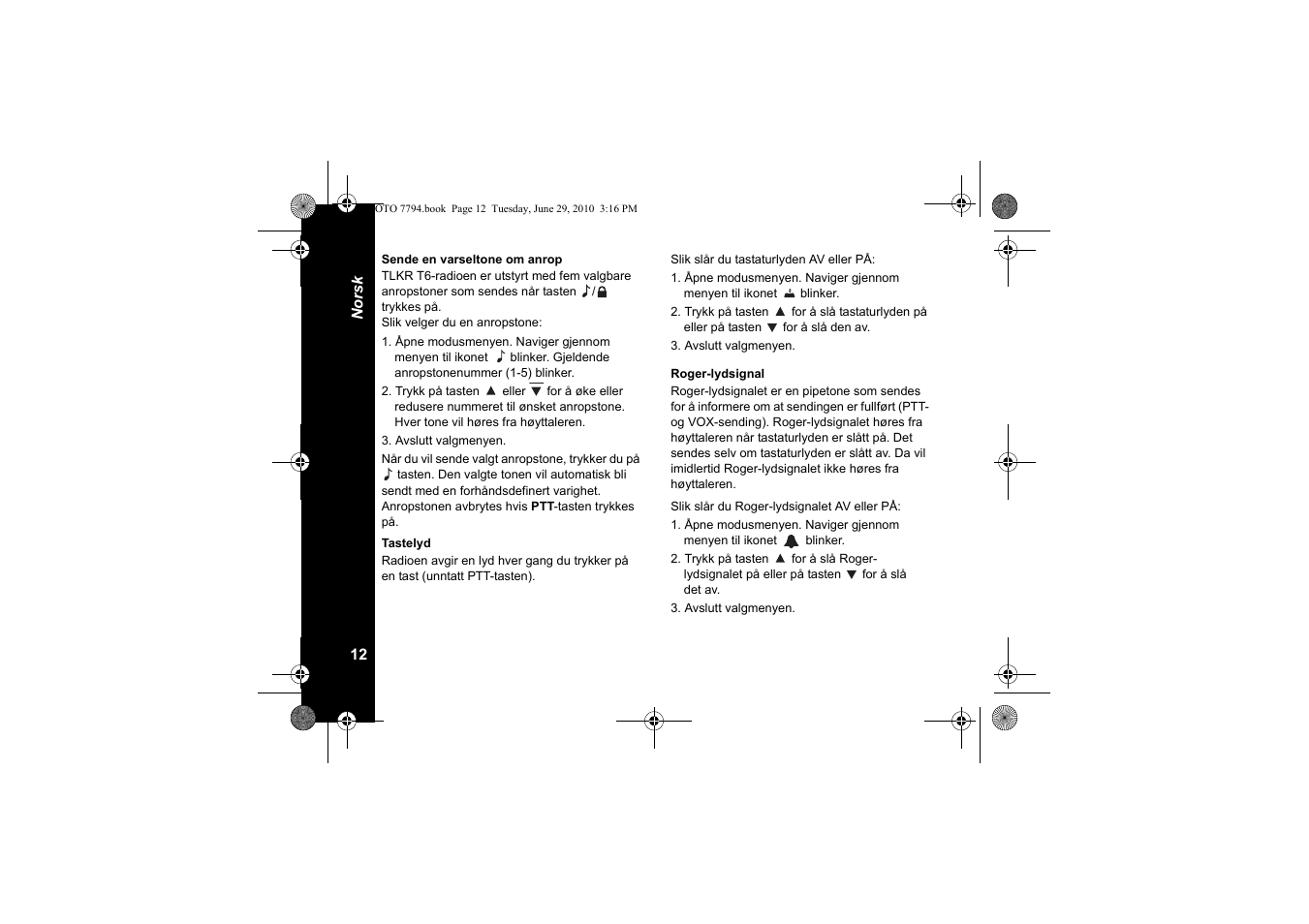 Sende en varseltone om anrop, Tastelyd, Roger-lydsignal | Motorola walkie talkie User Manual | Page 230 / 256