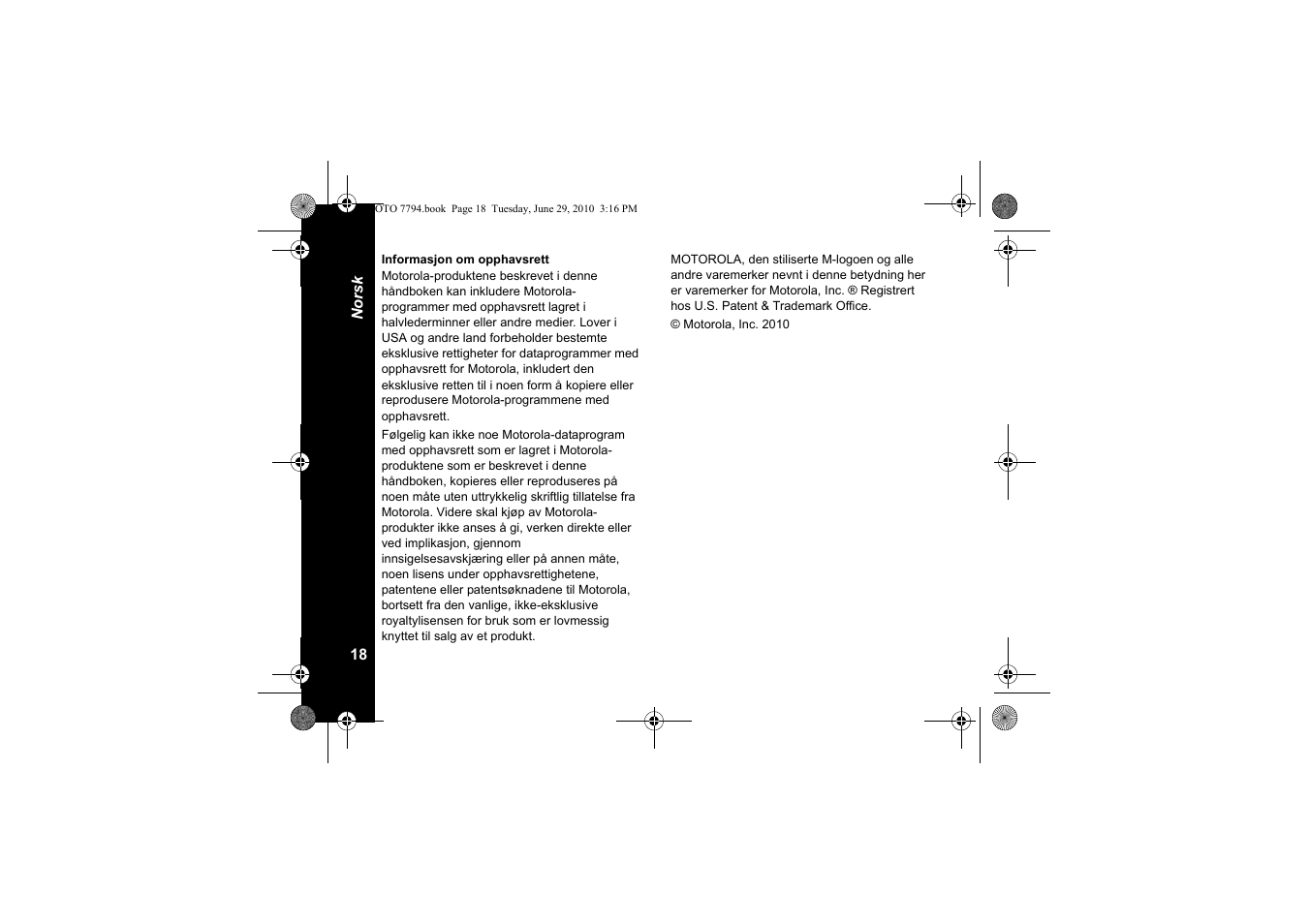 Informasjon om opphavsrett | Motorola walkie talkie User Manual | Page 236 / 256