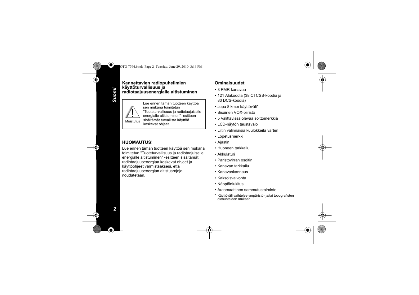 Ominaisuudet | Motorola walkie talkie User Manual | Page 238 / 256