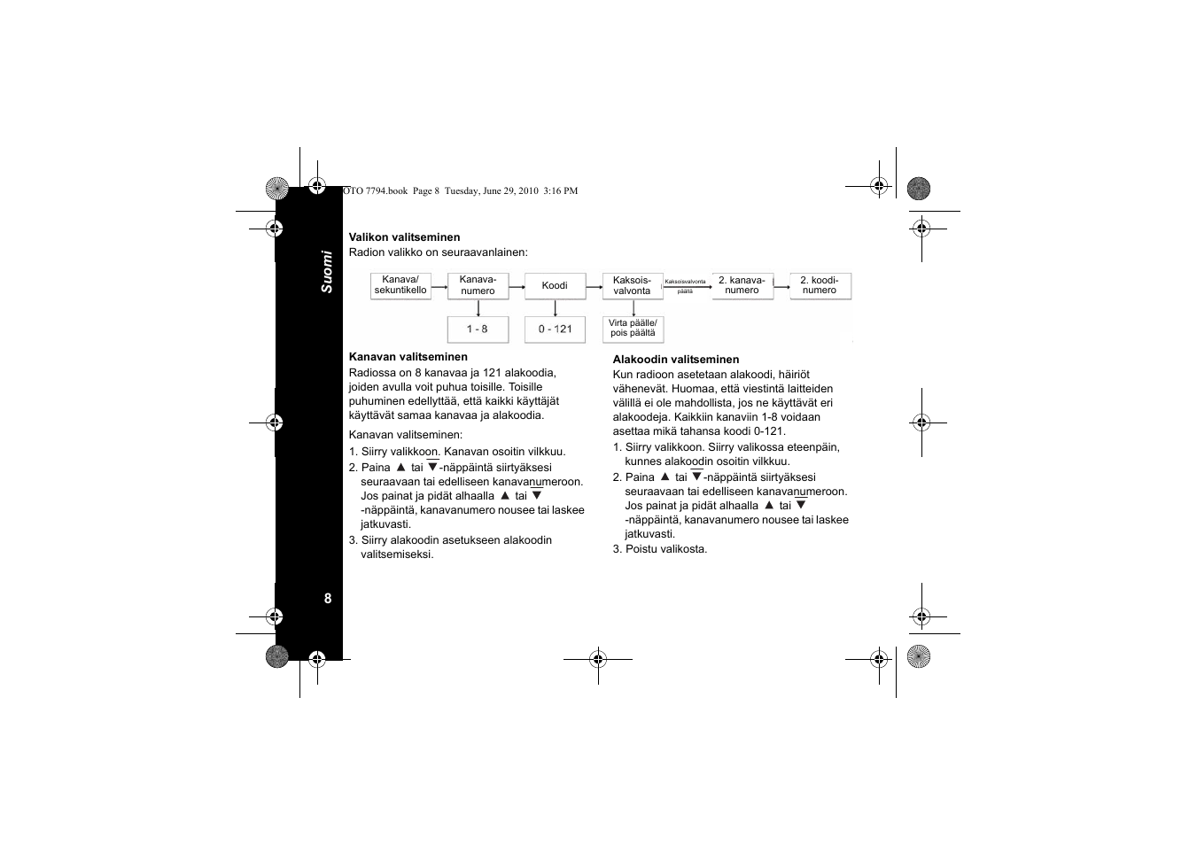 Valikon valitseminen, Kanavan valitseminen, Alakoodin valitseminen | Motorola walkie talkie User Manual | Page 244 / 256