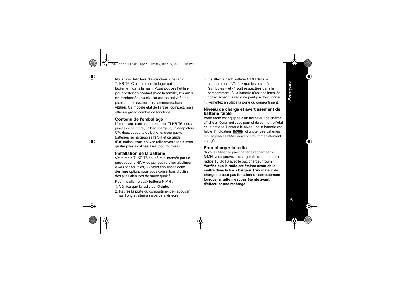 Contenu de l'emballage, Installation de la batterie, Pour charger la radio | Motorola walkie talkie User Manual | Page 25 / 256